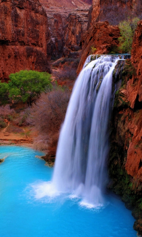 Download mobile wallpaper Canyon, Waterfalls, Waterfall, Earth, Arizona, Havasu Falls for free.