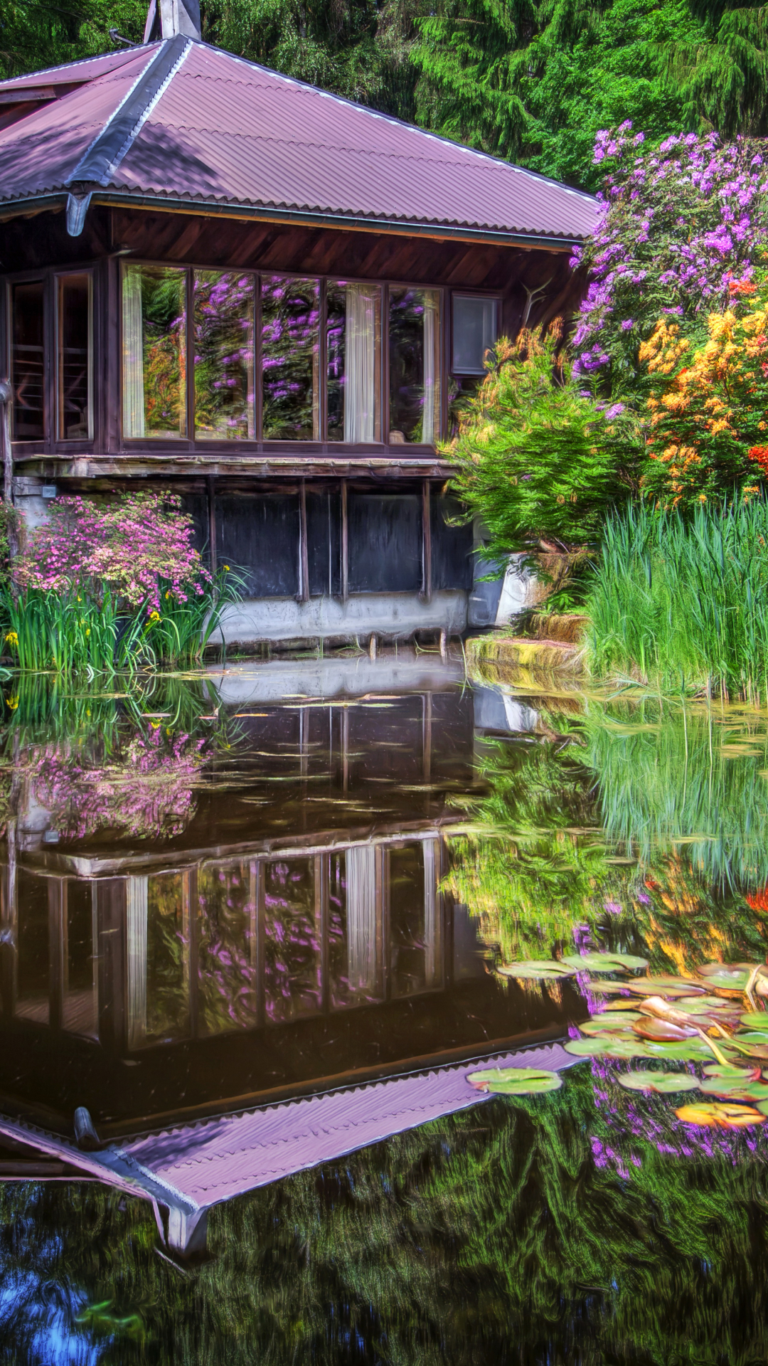 Download mobile wallpaper Water, Reflection, Flower, Garden, Pond, Man Made, Japanese Garden for free.