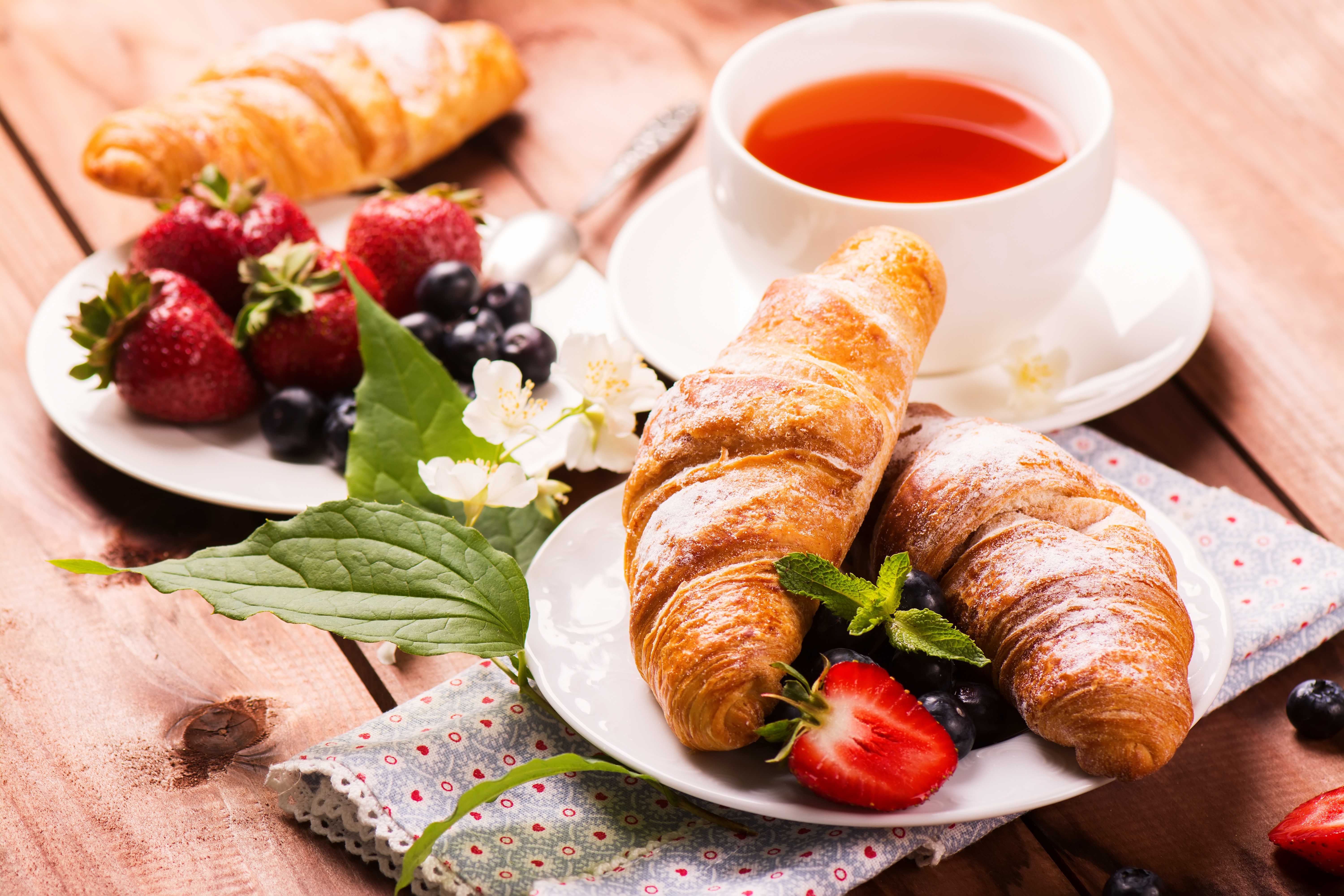 Download mobile wallpaper Food, Still Life, Berry, Fruit, Tea, Breakfast, Croissant, Viennoiserie for free.