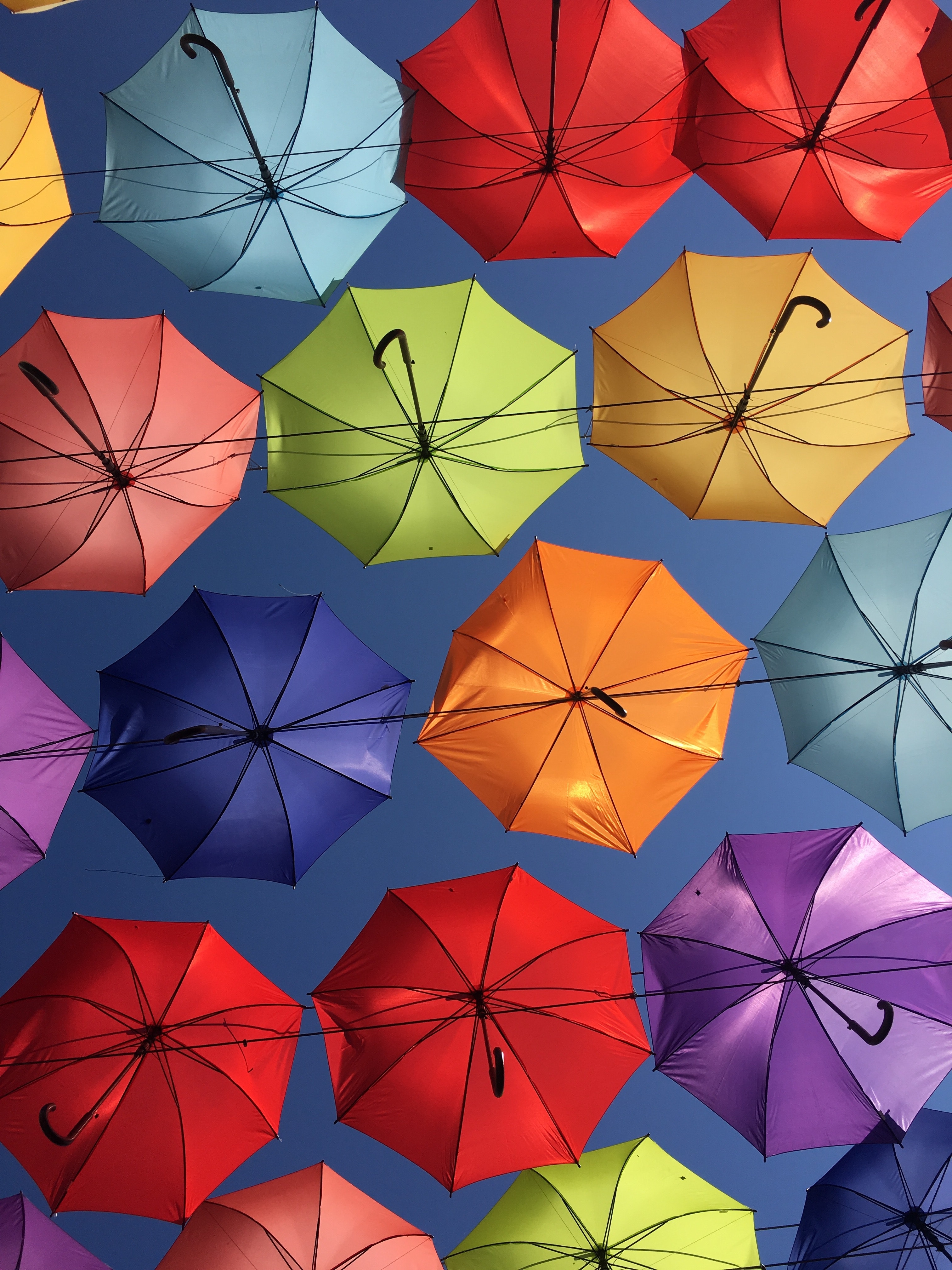 116615 скачать картинку разное, разноцветный, декорация, зонт, вид снизу, зонты - обои и заставки бесплатно