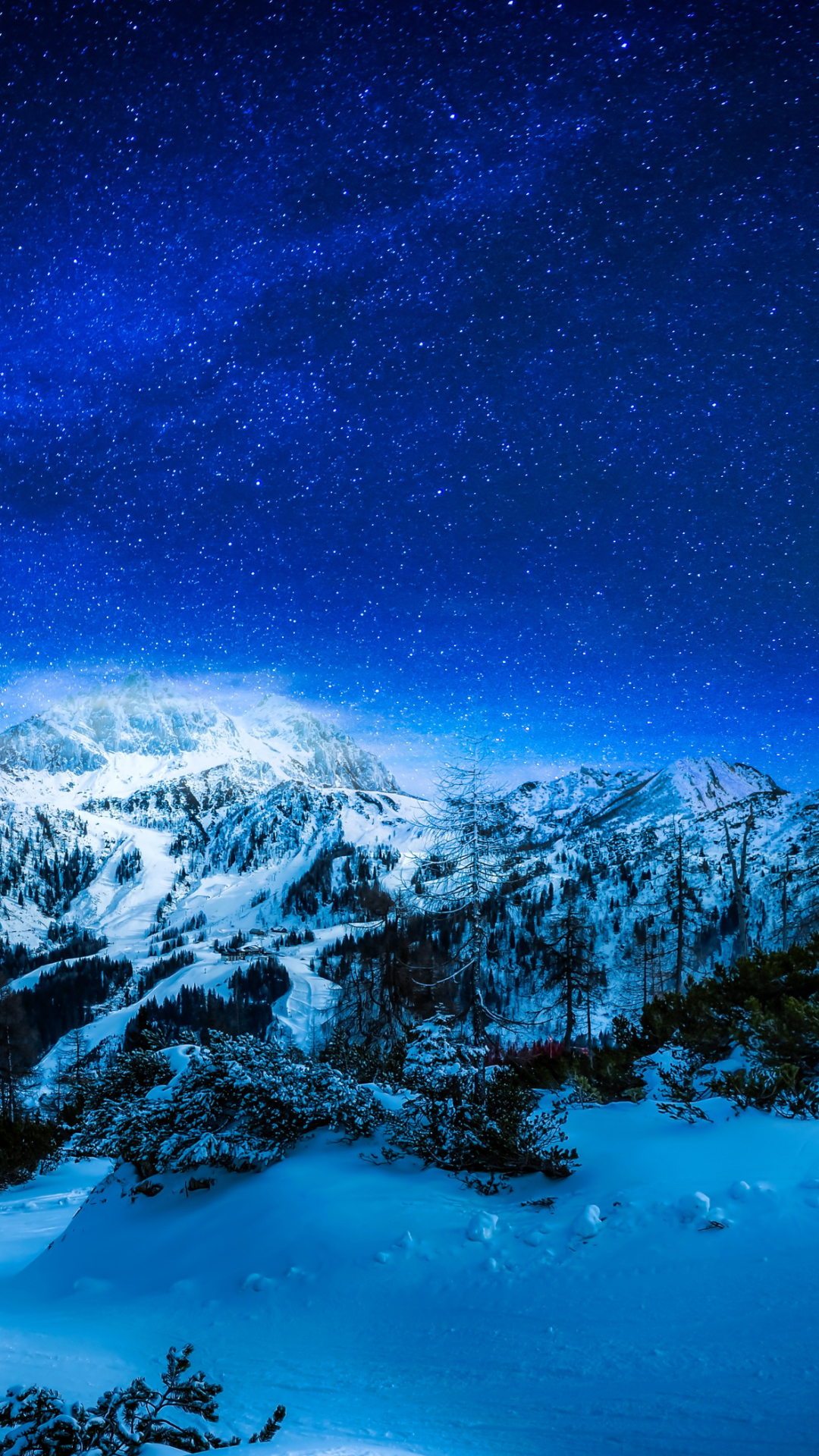 Handy-Wallpaper Landschaft, Winter, Natur, Sterne, Schnee, Berg, Gebirge, Nacht, Himmel, Erde/natur, Sternenklarer Himmel kostenlos herunterladen.