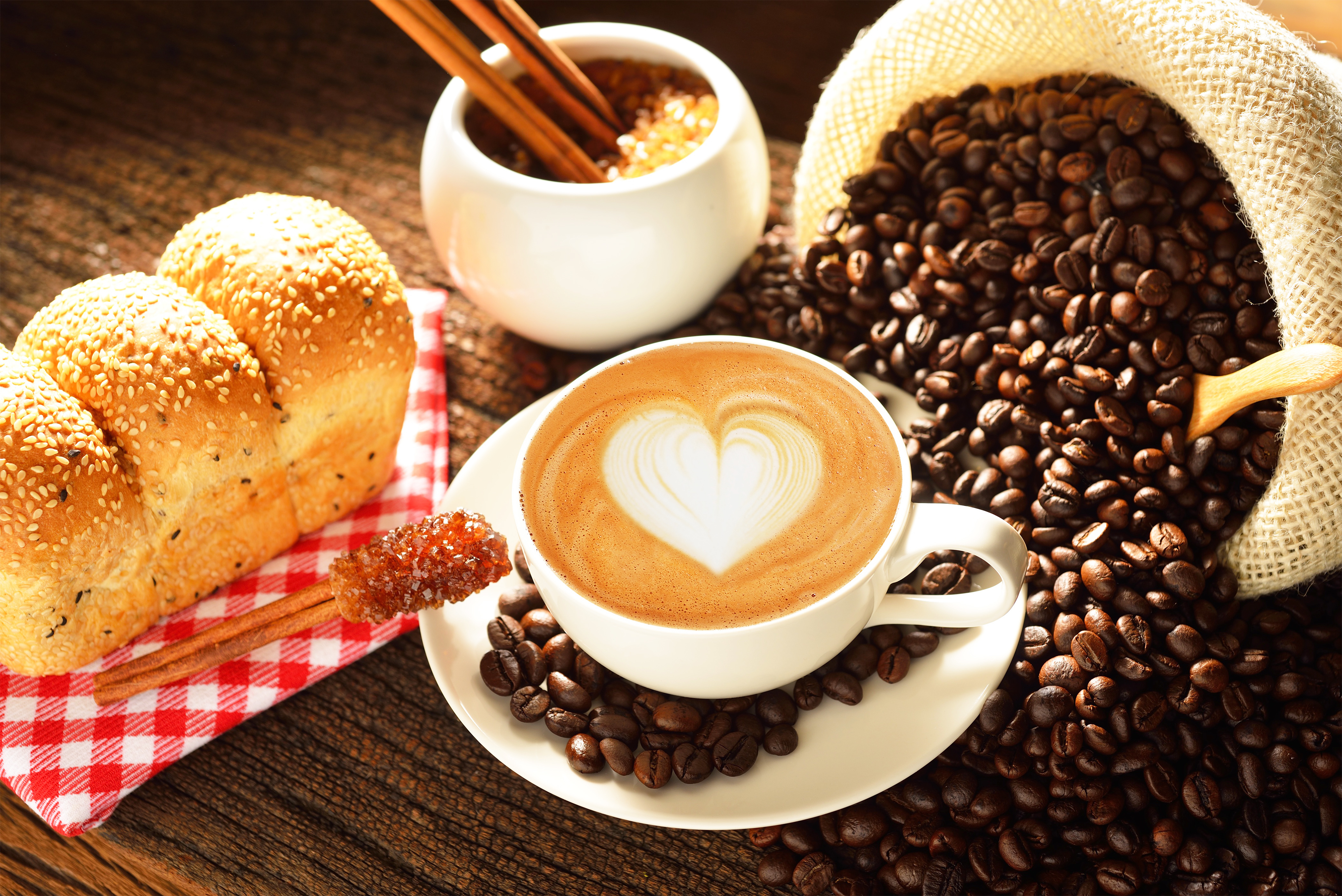 Download mobile wallpaper Food, Coffee, Cup, Coffee Beans, Bread for free.