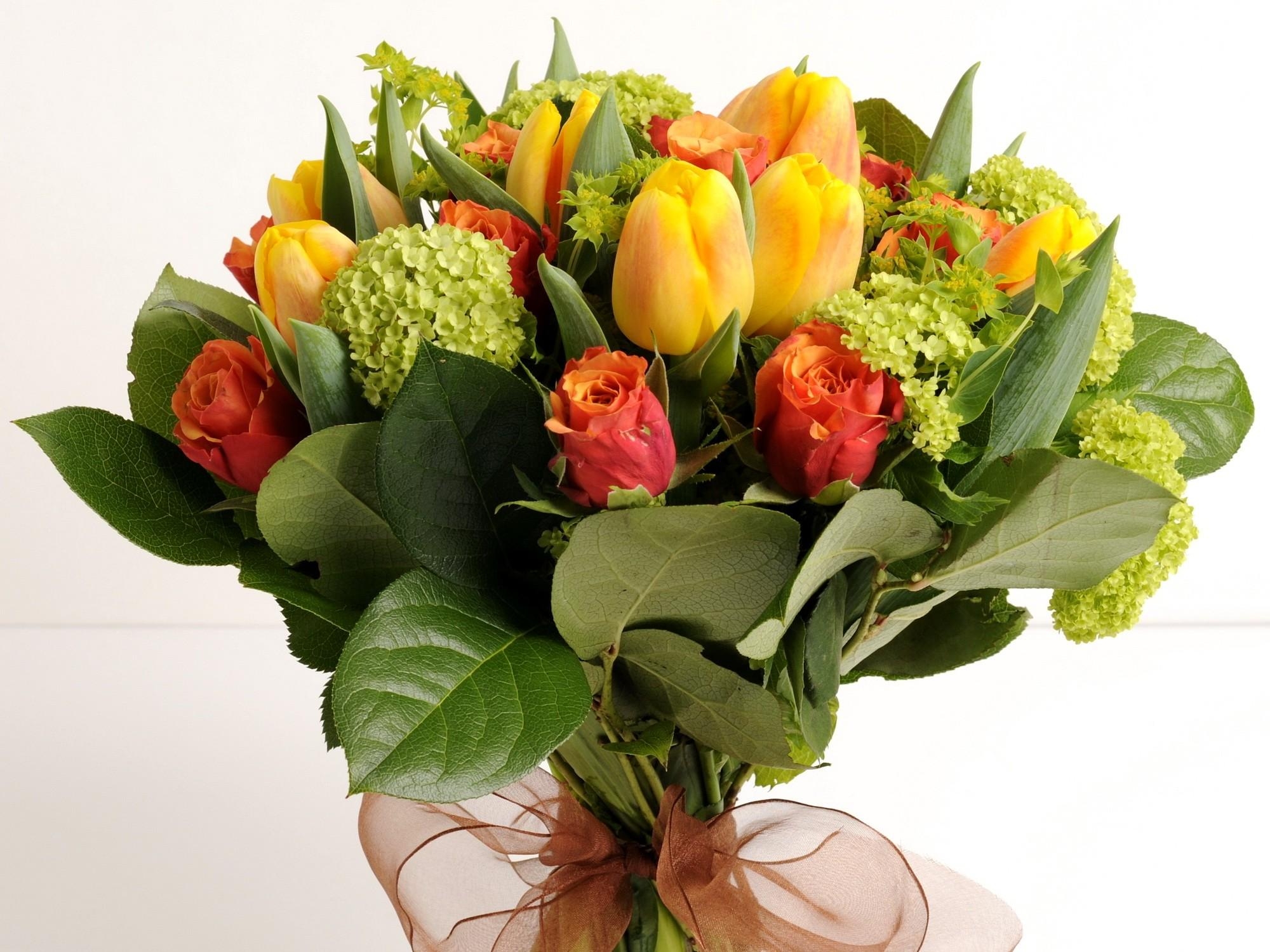 107026 télécharger le fond d'écran fleurs, roses, tulipes, bouquet, arc, hortensias - économiseurs d'écran et images gratuitement