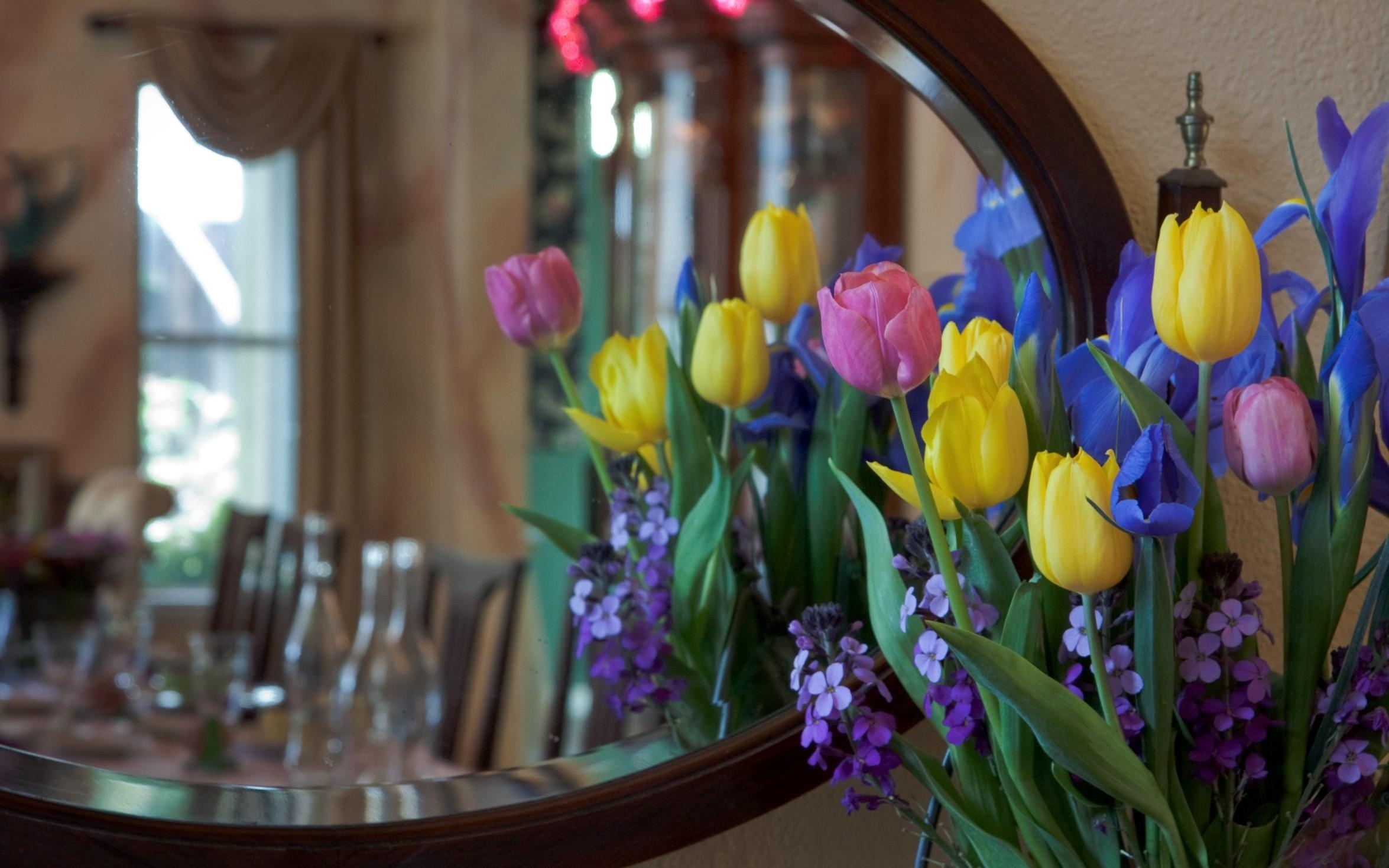 flowers, tulips, reflection, bouquet, irises, mirror, mattoila