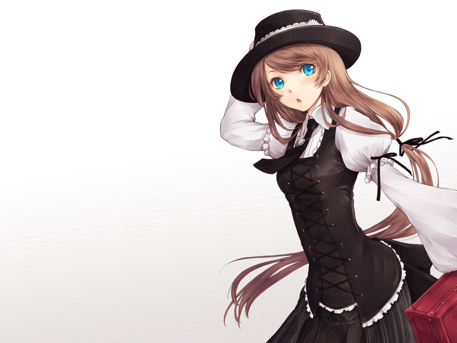 girl, brunette, anime, hat, tie, suitcase High Definition image