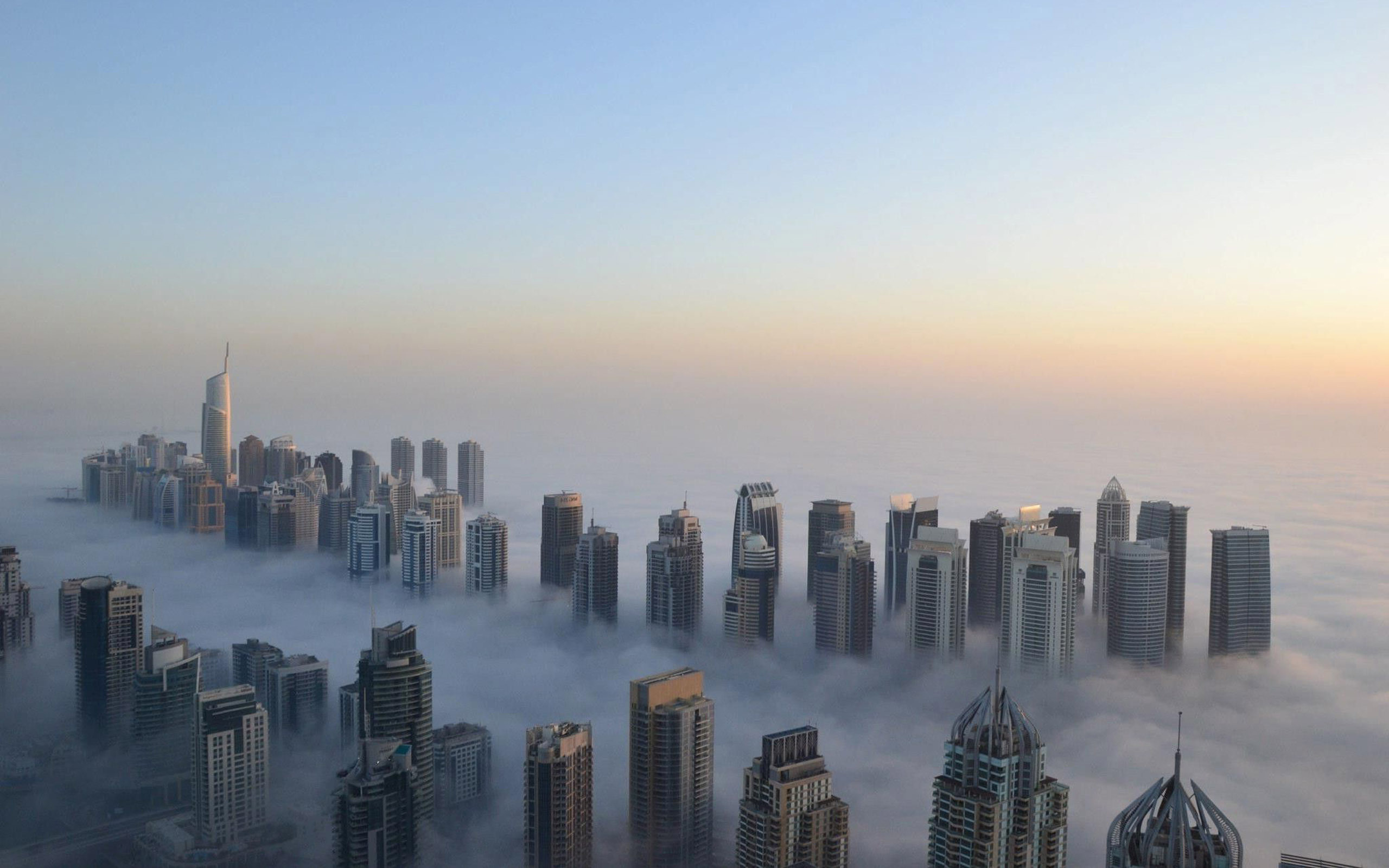 Download mobile wallpaper Sheikh Zayed Avenue, Dubai, Skyscraper, Cities, Man Made, Fog for free.