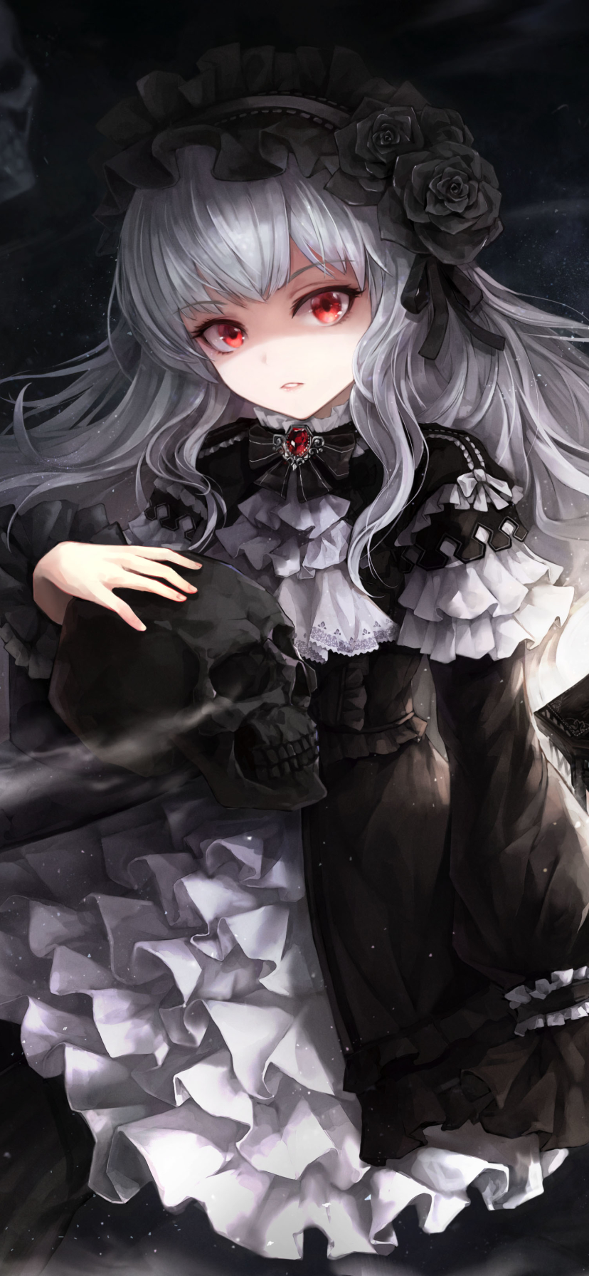 Download mobile wallpaper Anime, Original, Headband, Red Eyes, Long Hair, Bow (Clothing), Grey Hair for free.