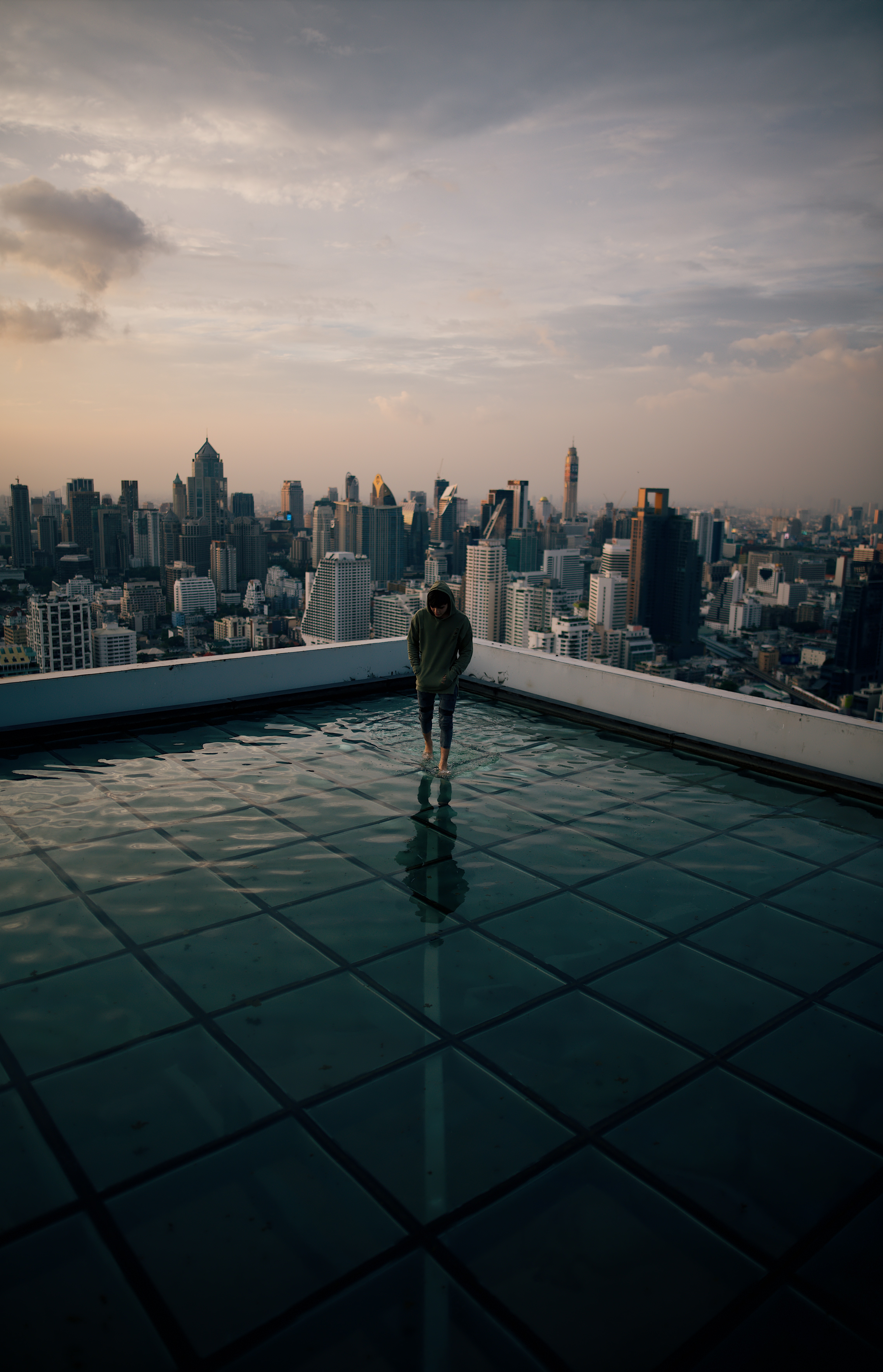 cities, wet, human, water, after the rain, city, horizon, person, roof Full HD