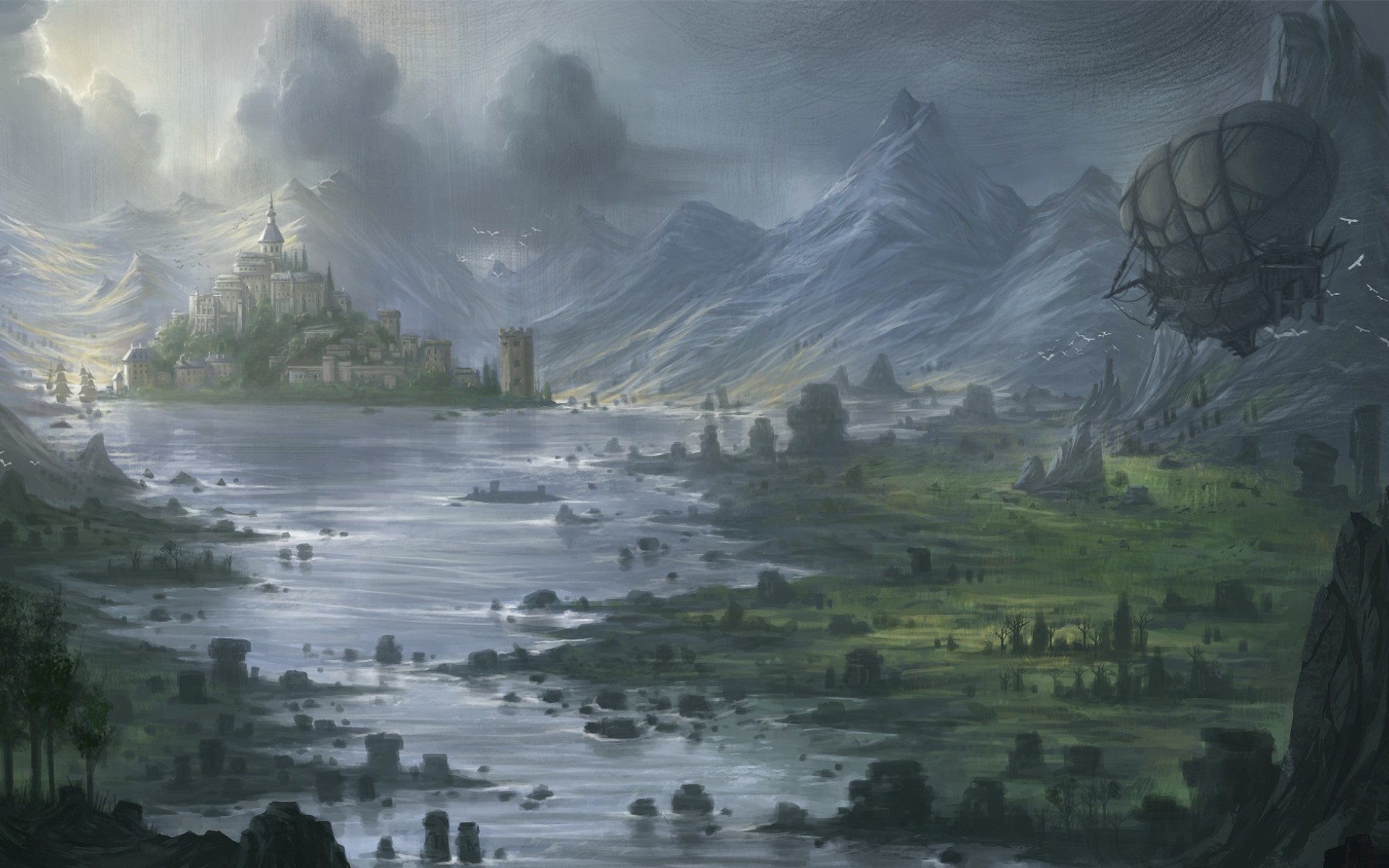 Laden Sie das Landschaft, Fantasie, Fluss, Gebirge, Schloss-Bild kostenlos auf Ihren PC-Desktop herunter