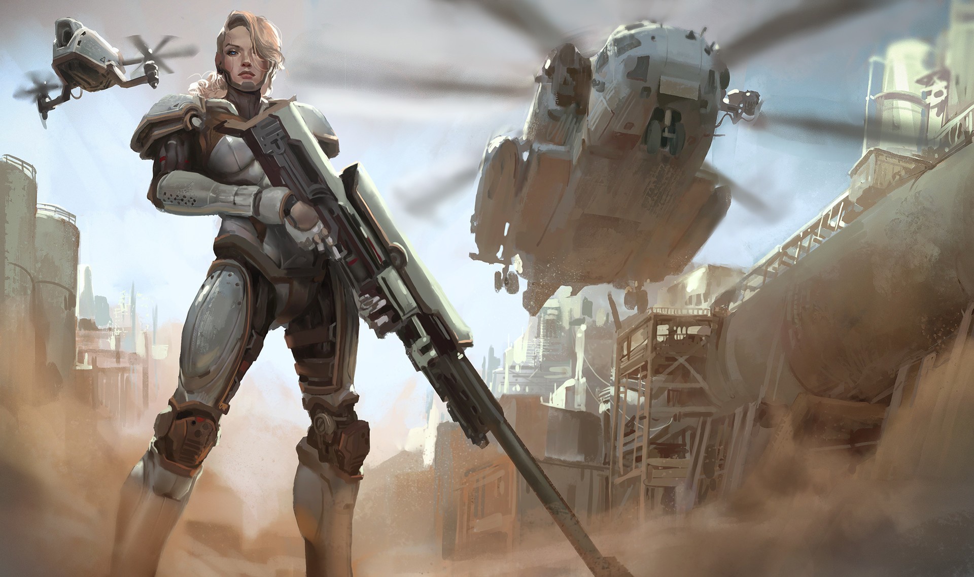 Free download wallpaper Weapon, Sci Fi, Blonde, Helicopter, Futuristic, Women Warrior, Woman Warrior, Miltary on your PC desktop