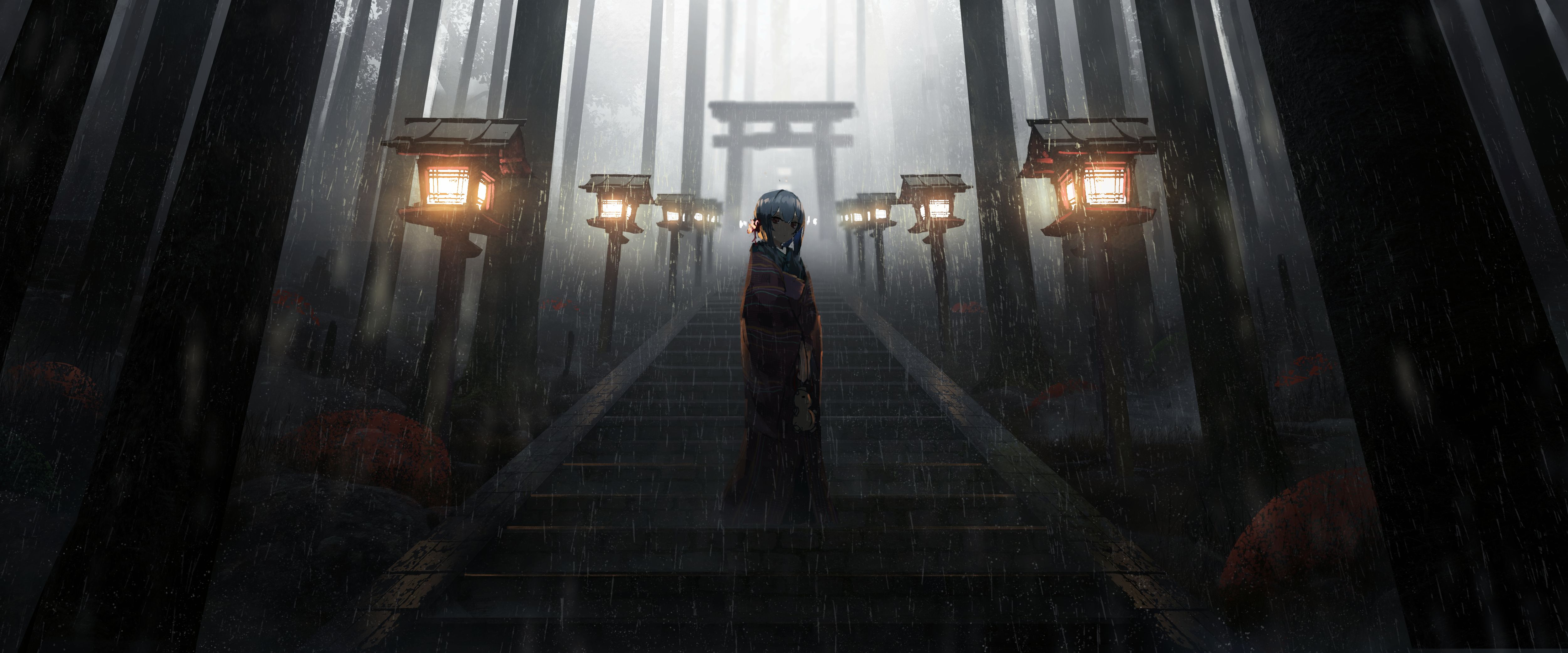 1533814 baixar imagens anime, garota, neblina, floresta, chuva, escadas, torii - papéis de parede e protetores de tela gratuitamente
