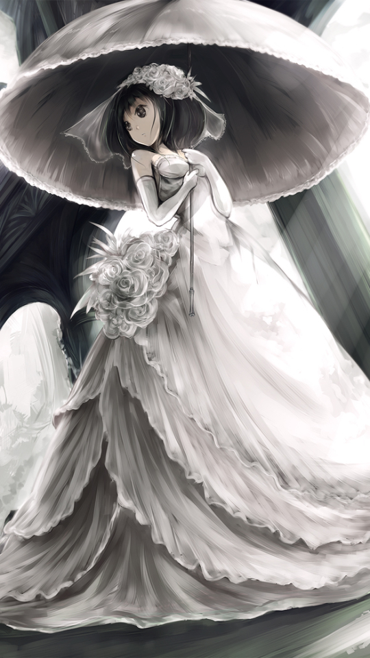 Download mobile wallpaper Anime, Umbrella, Bride, Original, Black Hair, Short Hair, White Dress for free.