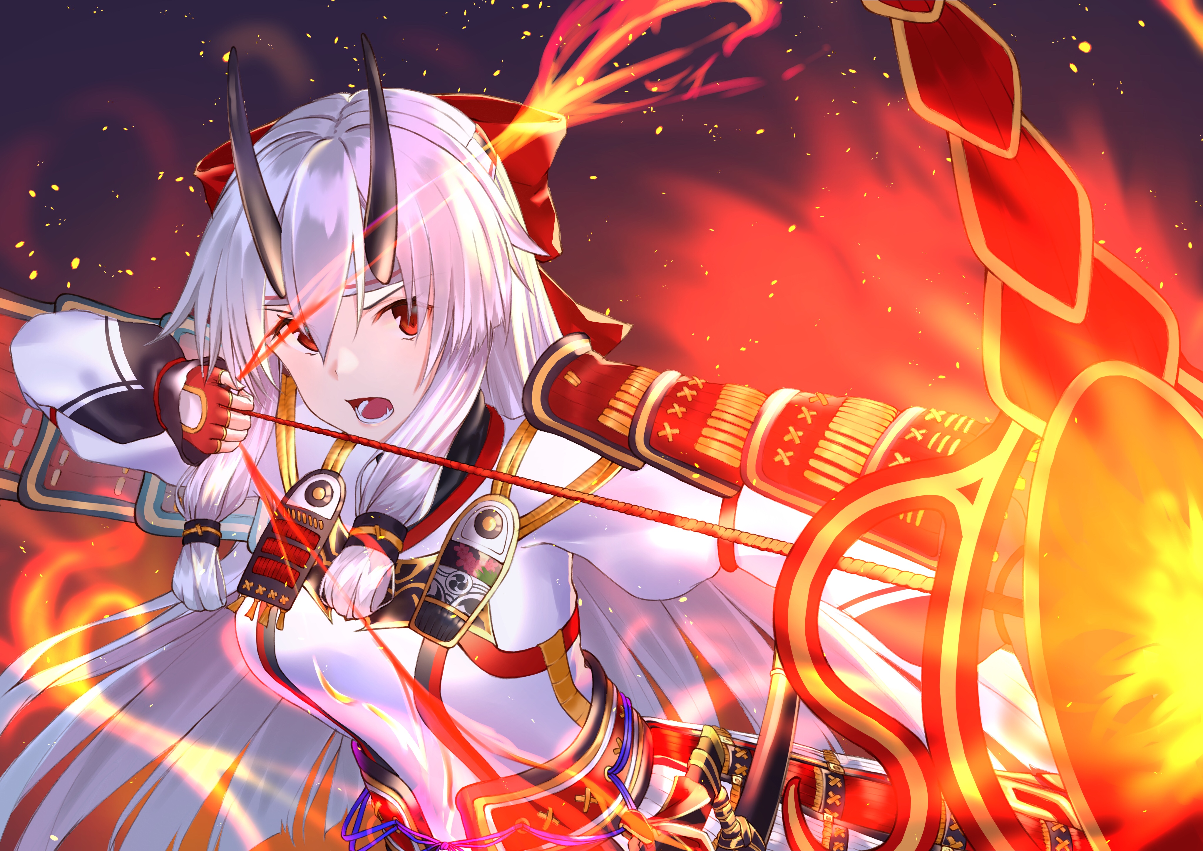 anime, fate/grand order, arrow, bow, fire, horns, red eyes, tomoe gozen (fate/grand order), white hair, fate series