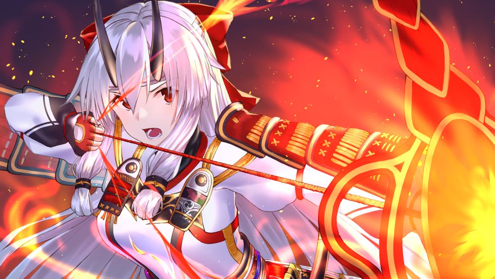 HDデスクトップ 壁紙: 白髪, 弓, 矢印, 角, 火, 赤い目, アニメ, Fate/grand Order, 巴御前 (Fate ...