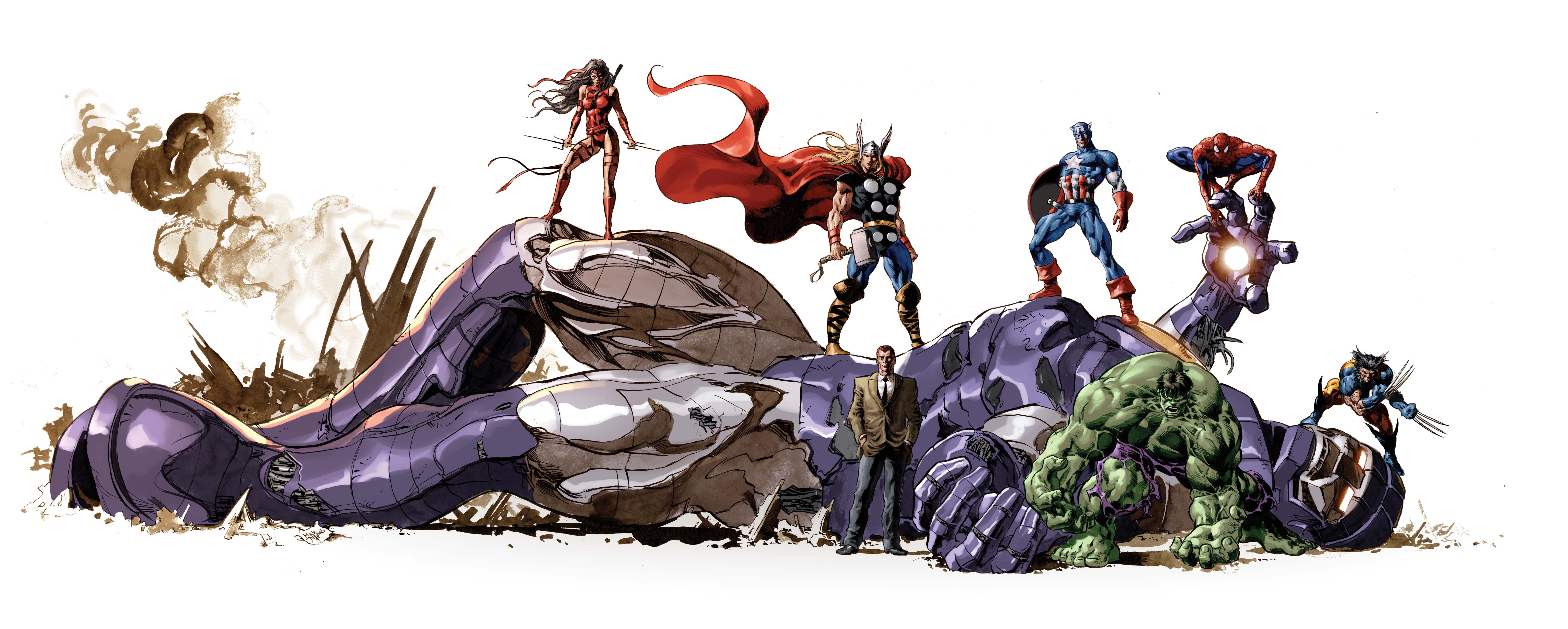 comics, collage, captain america, elektra (marvel comics), hulk, spider man, thor, wolverine