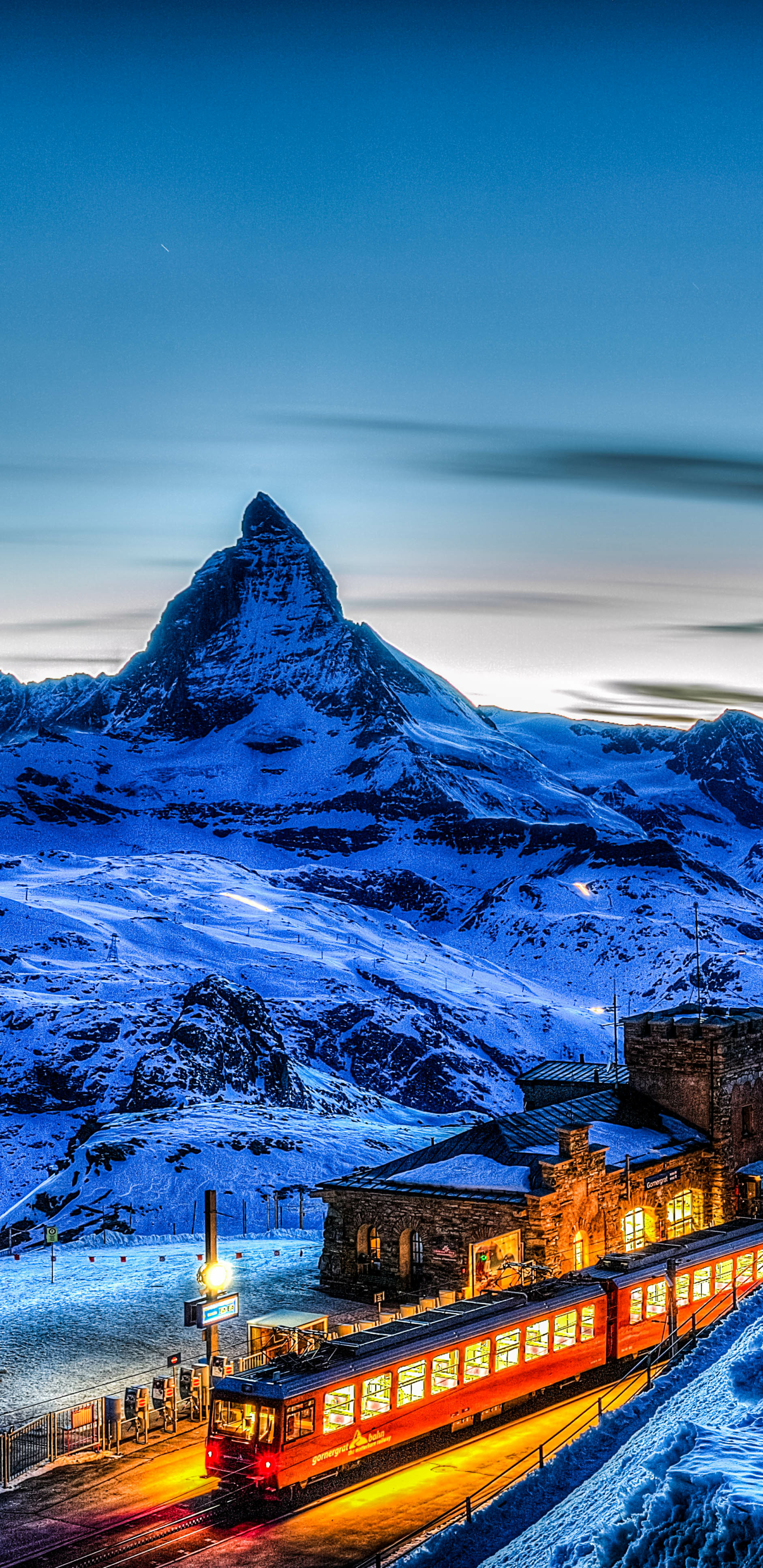 Download mobile wallpaper Winter, Mountain, Alps, Switzerland, Train, Matterhorn, Vehicles for free.