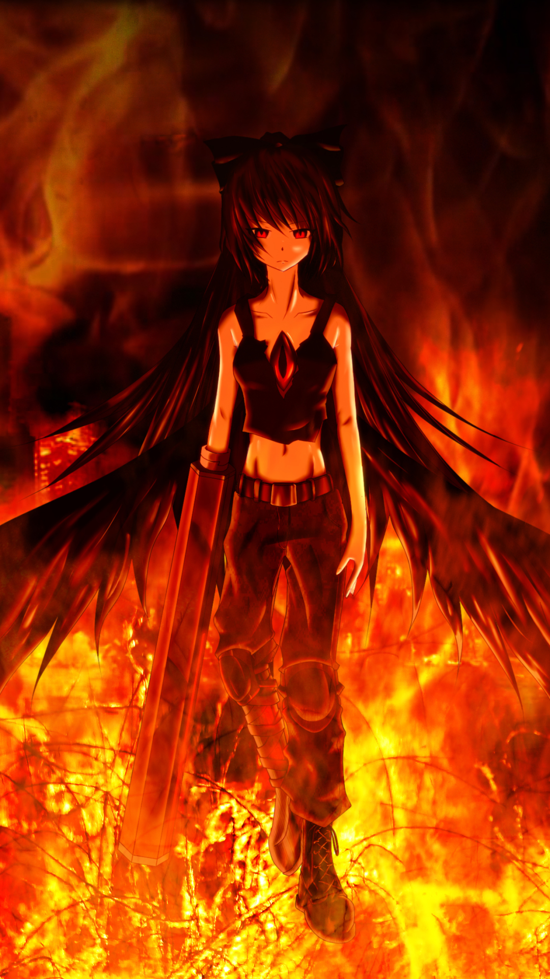Download mobile wallpaper Anime, Fire, Gothic, Weapon, Flame, Wings, Touhou, Utsuho Reiuji for free.
