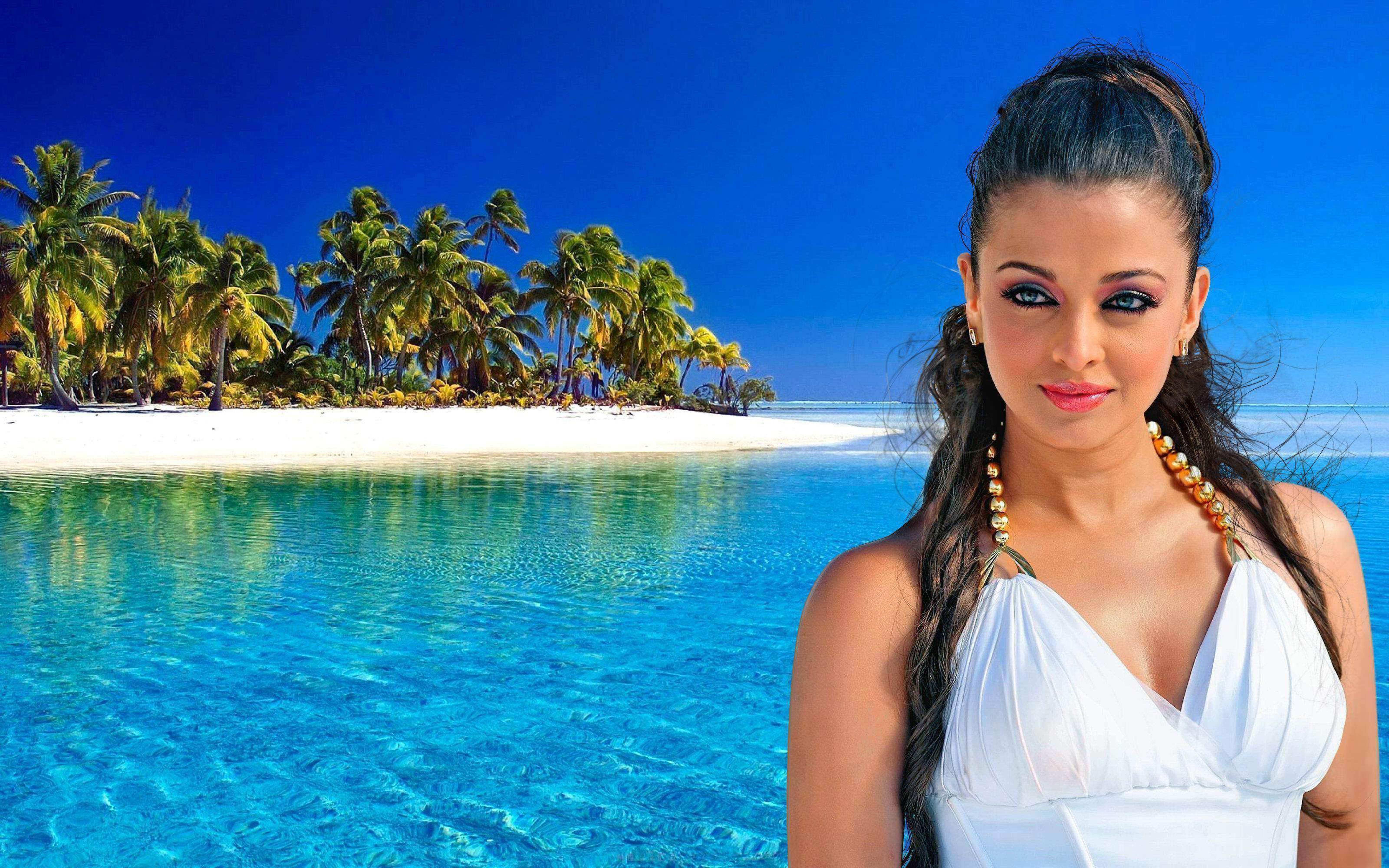 Free download wallpaper Beach, Horizon, Reflection, Beautiful, Tropical, Sunny, Model, Women, Palm Tree, Aishwarya Rai on your PC desktop