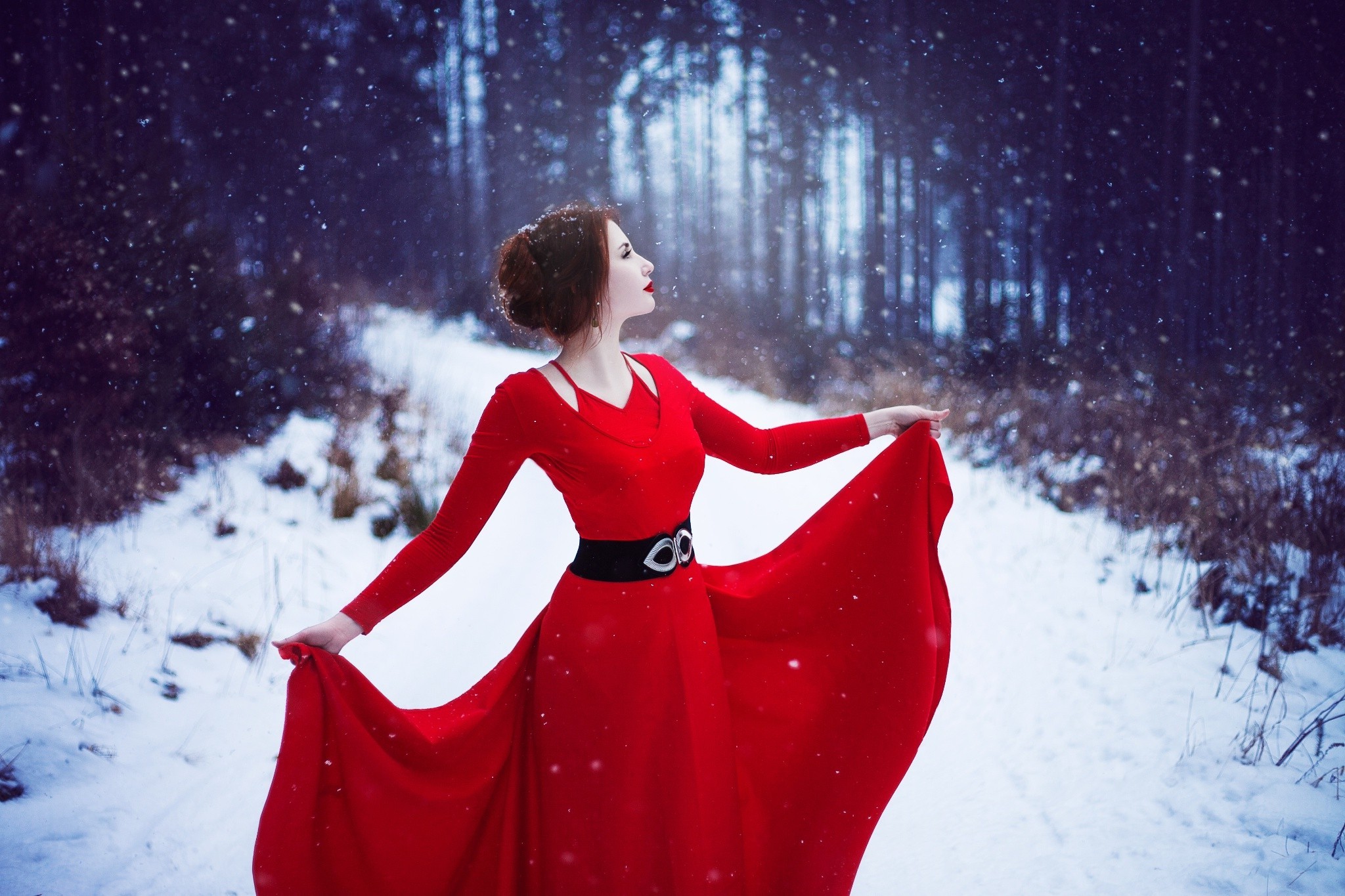 Download mobile wallpaper Winter, Model, Women, Red Dress for free.