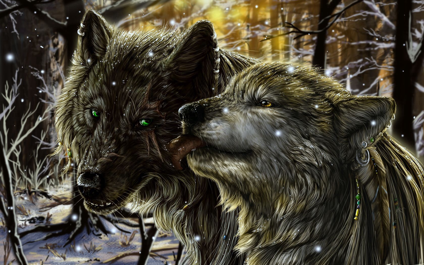 wolfs, fantasy, snow, love, couple, pair, tenderness, language, tongue desktop HD wallpaper
