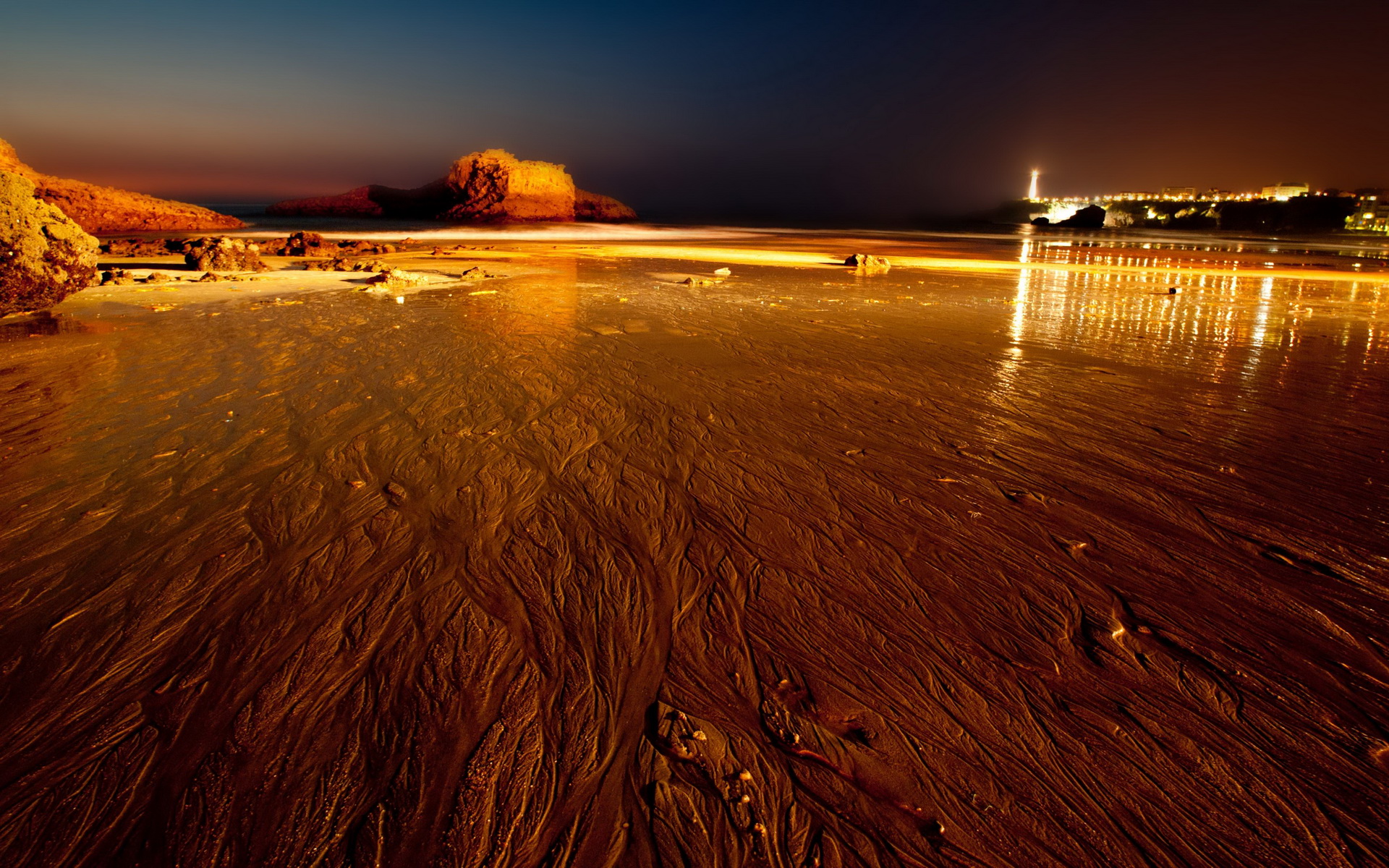 Free download wallpaper Night, Beach, Sand, Light, France, Coastline, Photography, Biarritz on your PC desktop
