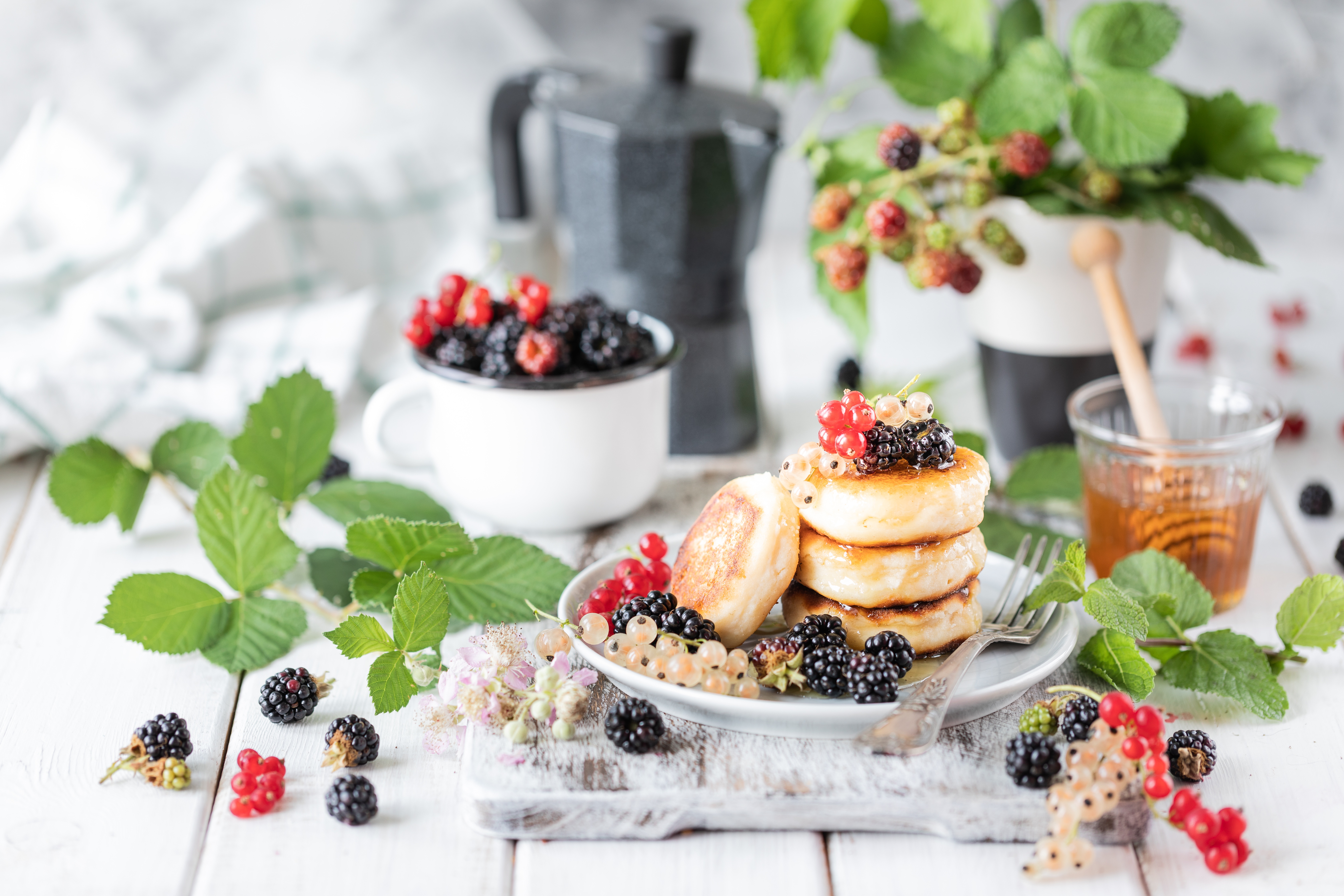 Download mobile wallpaper Food, Still Life, Berry, Fruit, Honey, Breakfast, Pancake for free.