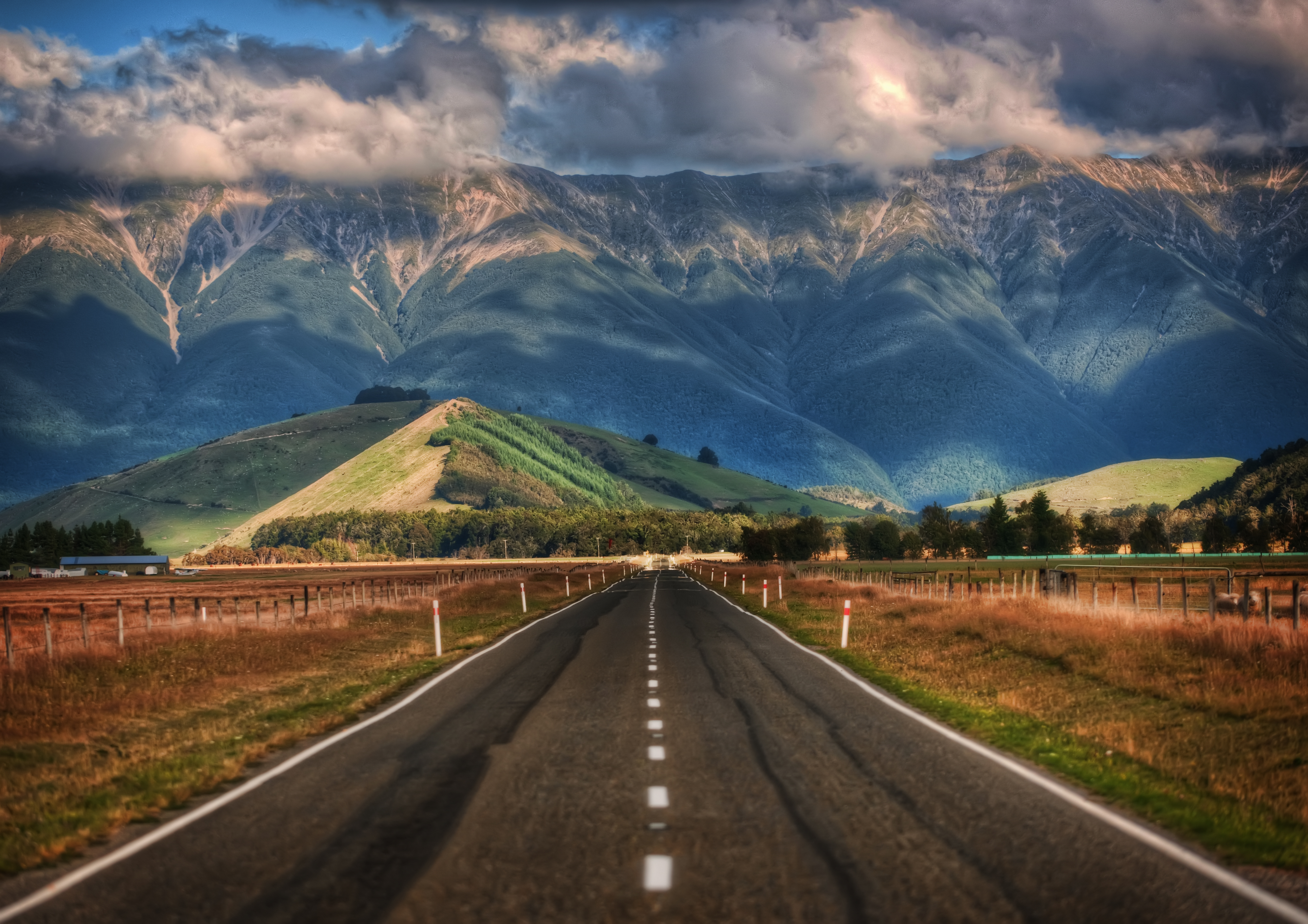 road, man made, new zealand, southern alps