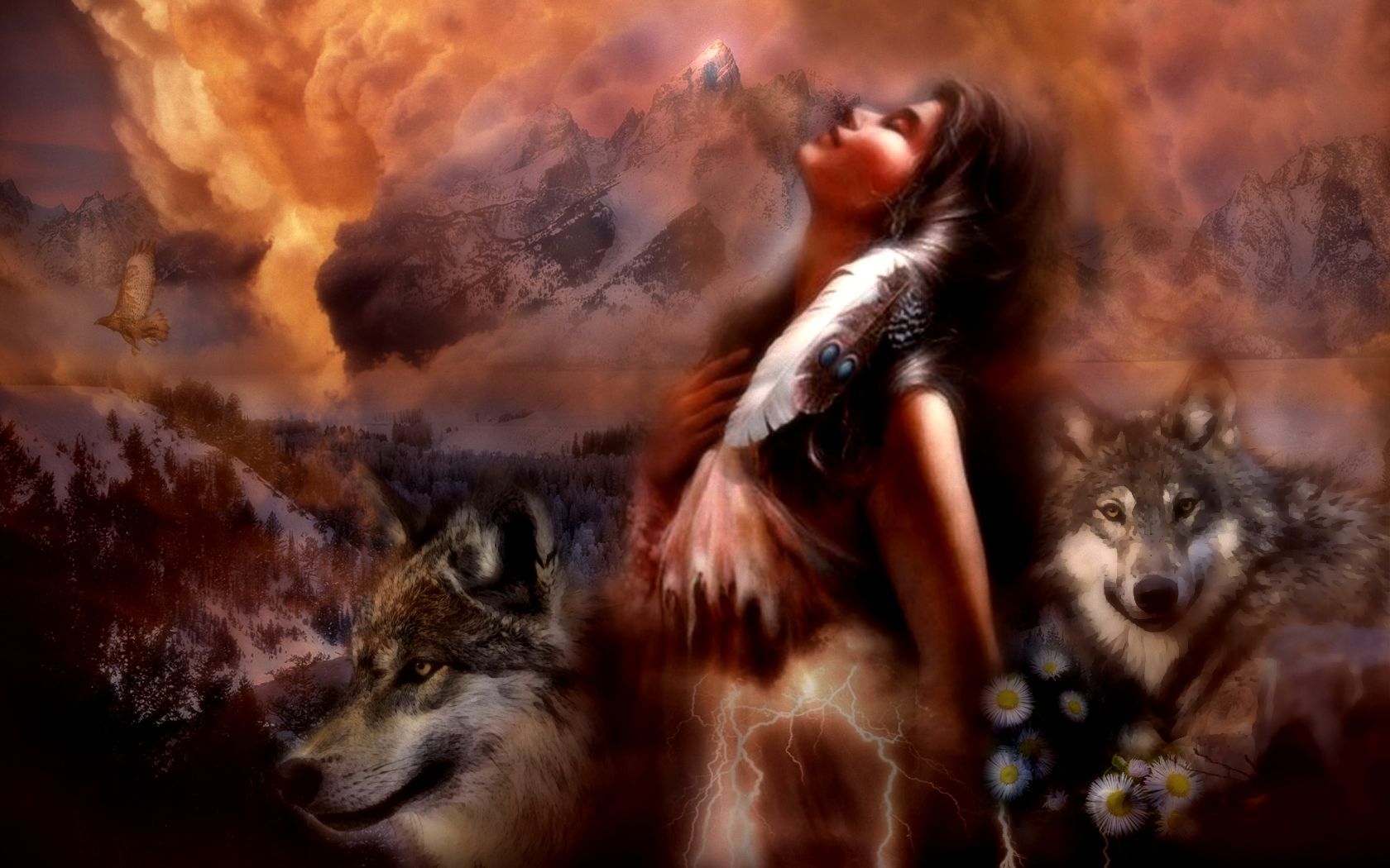 artistic, women, native american, wolf, fire, eagle, hawk, maiden, spirit