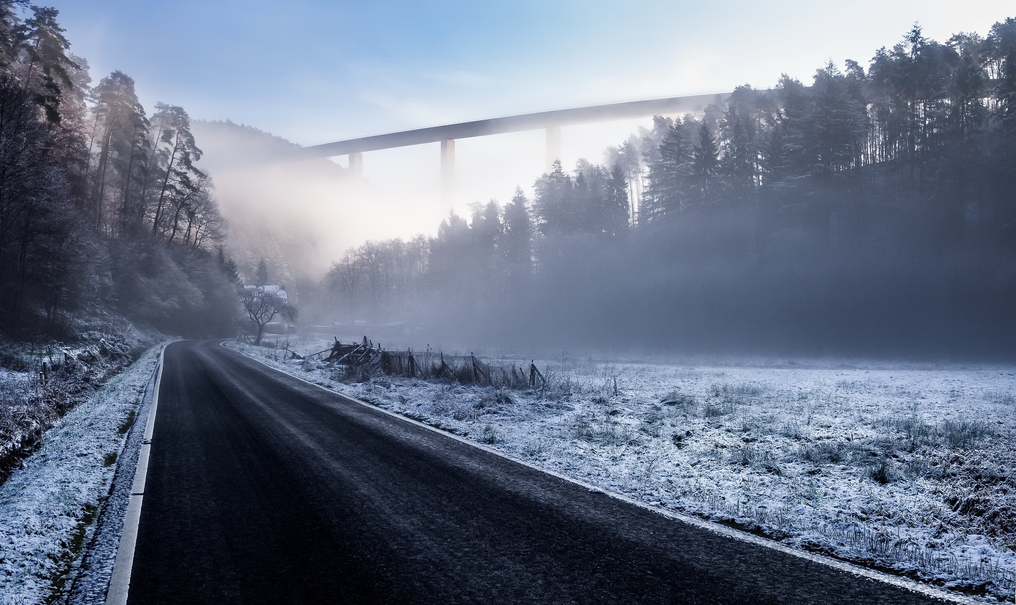 Download mobile wallpaper Winter, Road, Fog, Bridge, Photography for free.