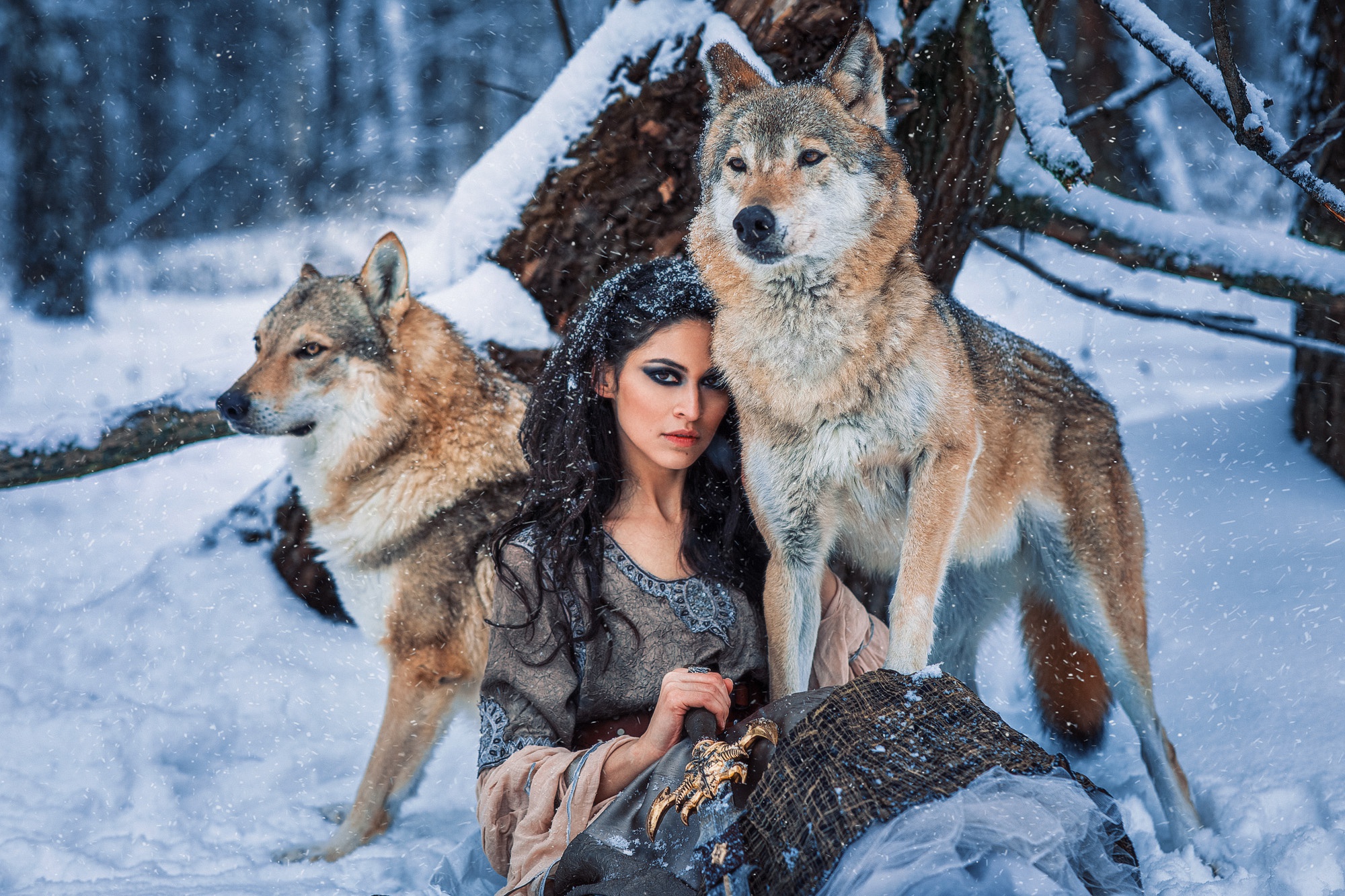 Download mobile wallpaper Winter, Snow, Wolf, Model, Women, Black Hair for free.