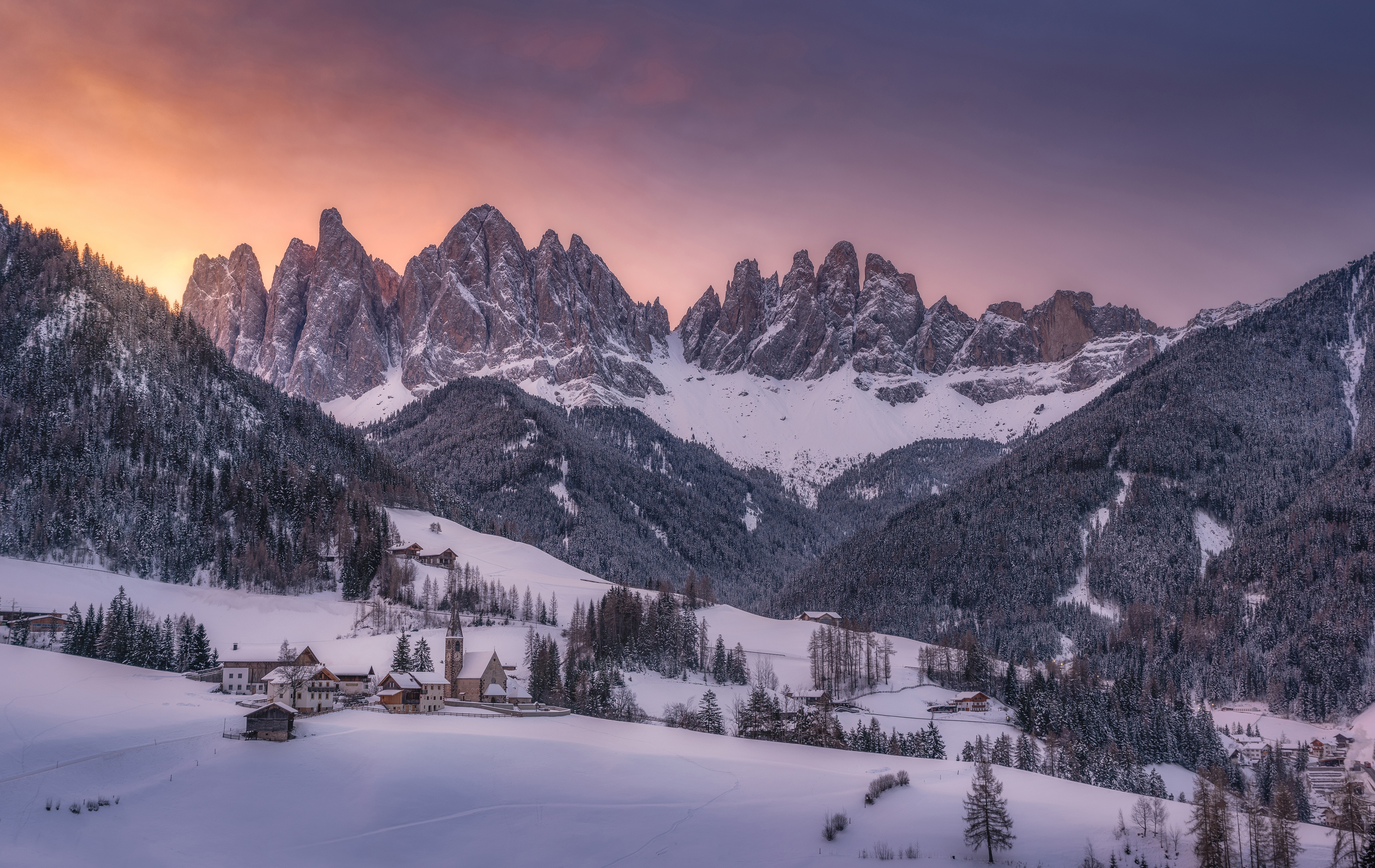 Free download wallpaper Winter, Mountain, Sunrise, Village, Photography on your PC desktop