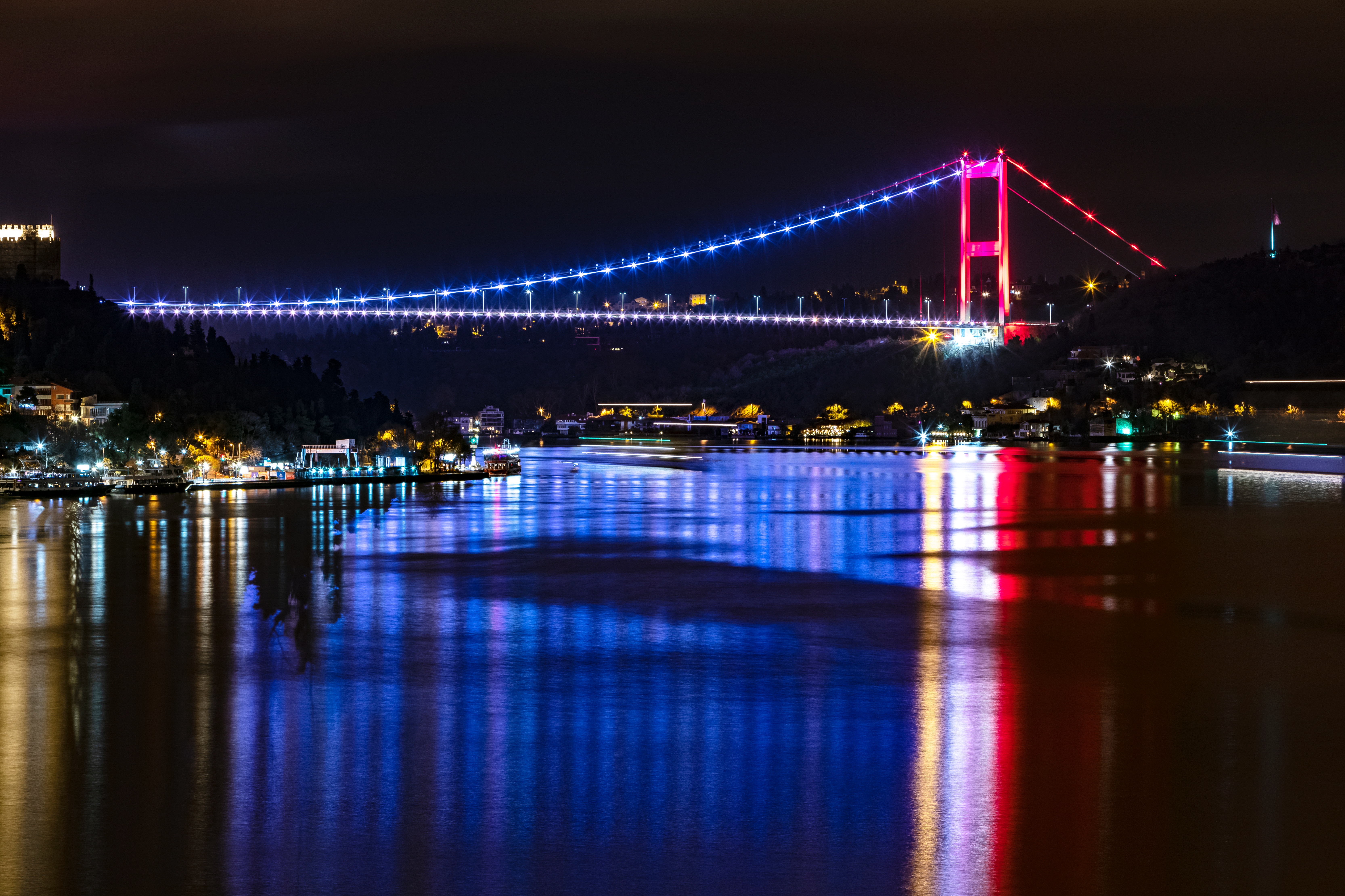 istanbul, cities, rivers, reflection, bridge, backlight, illumination