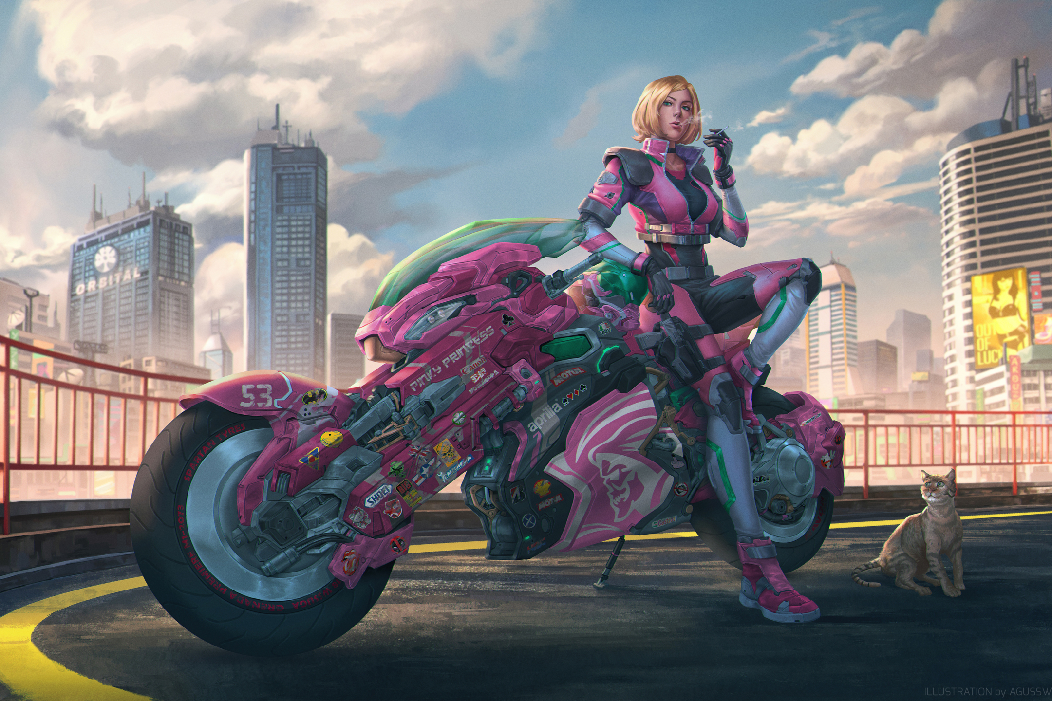Download mobile wallpaper Car, Cyberpunk, Motorcycle, Sci Fi, Blonde, Vehicle for free.