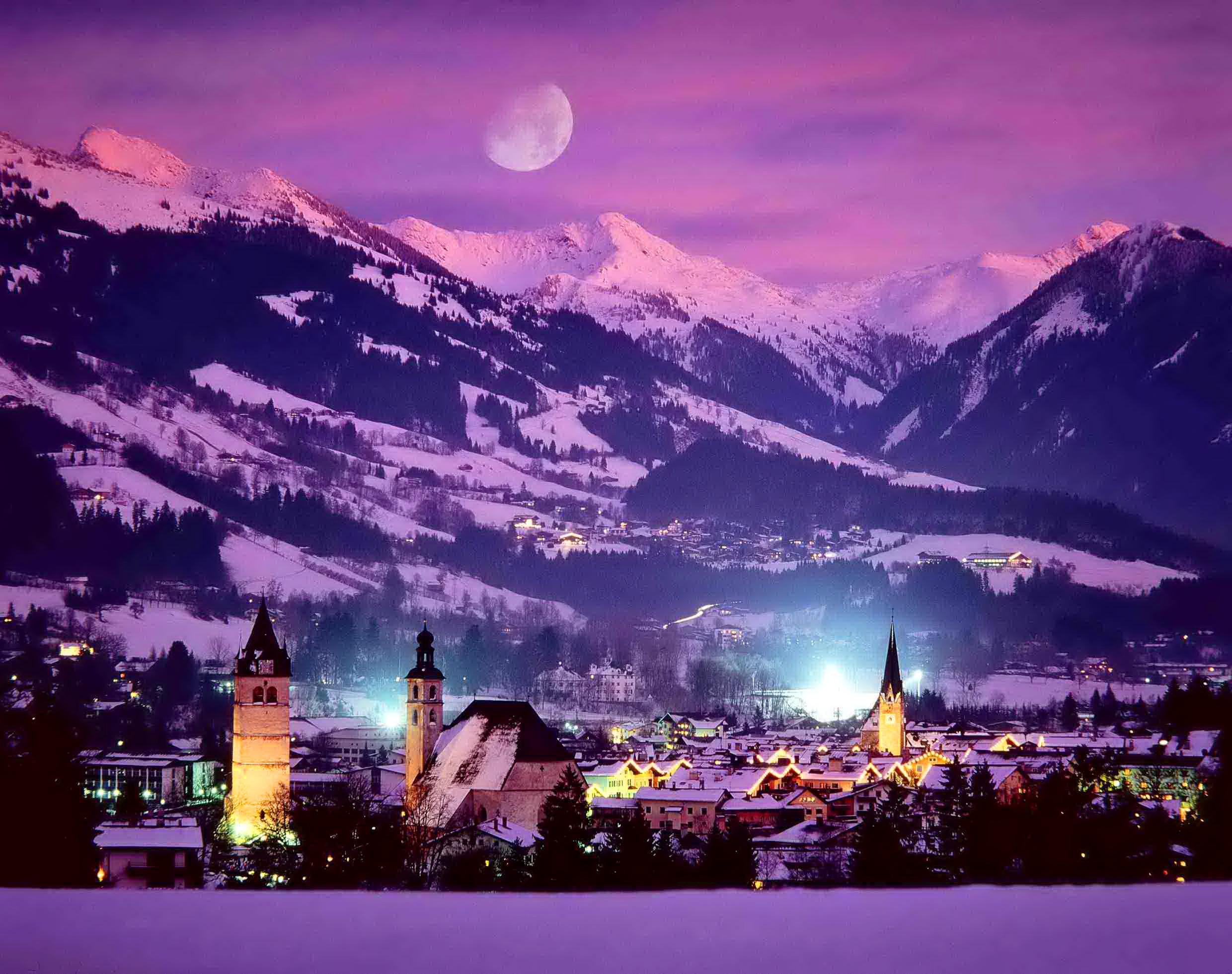 Download mobile wallpaper Night, Moon, Snow, Mountain, House, Town, Man Made for free.