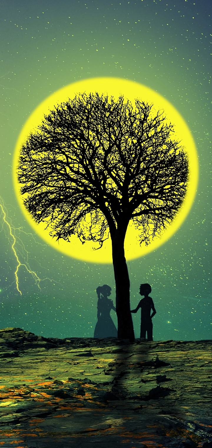 Download mobile wallpaper Anime, Night, Moon, Love, Couple, Tree for free.