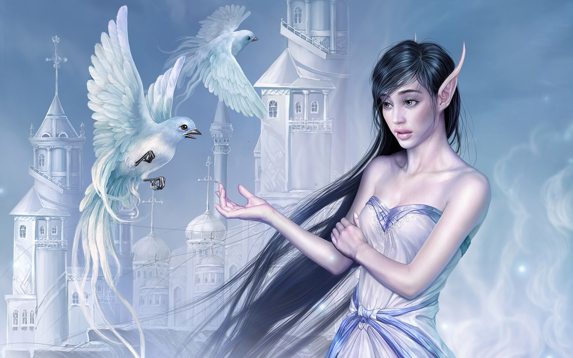 無料モバイル壁紙ファンタジー, 城, 鳥, 妖精をダウンロードします。