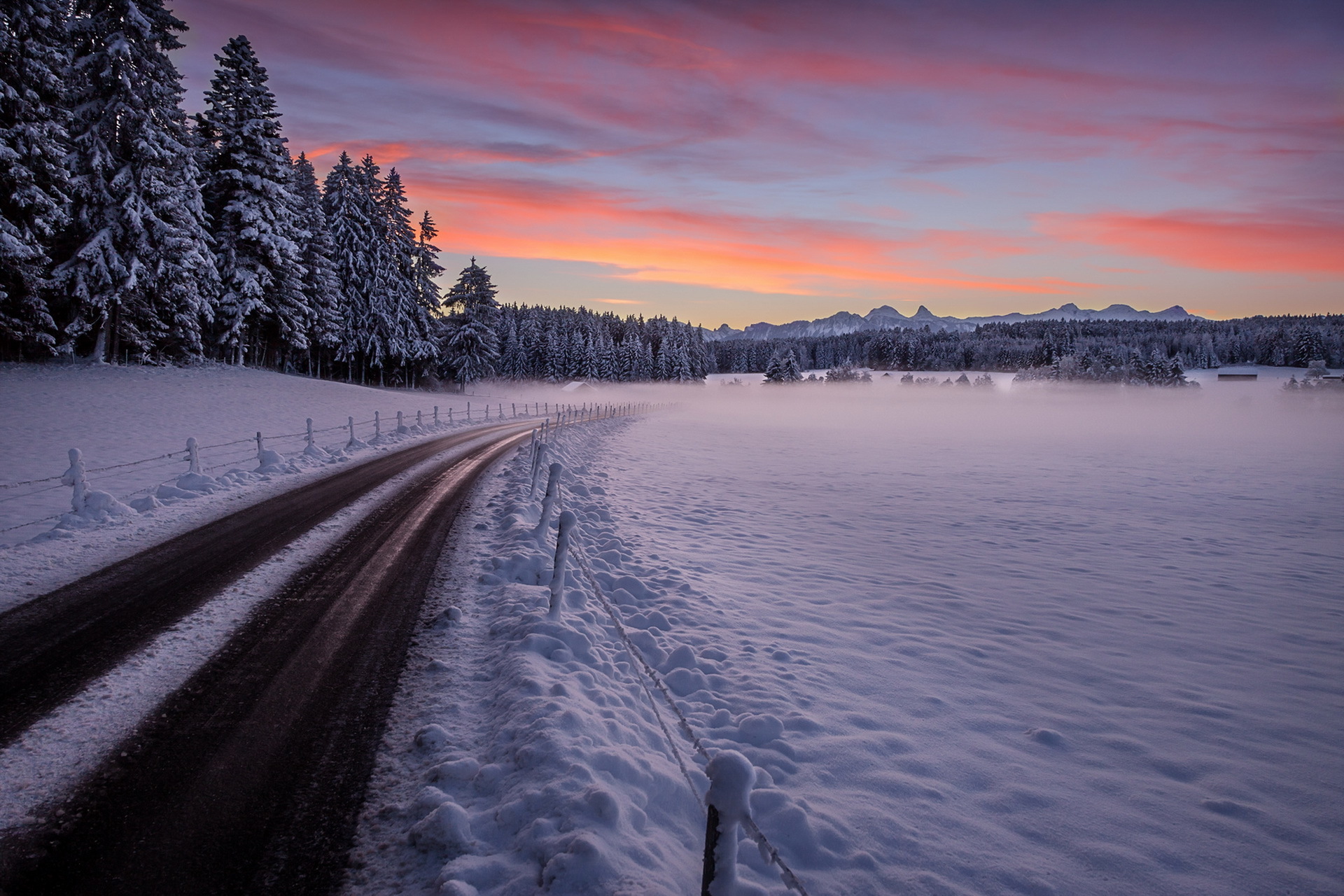 Download mobile wallpaper Landscape, Winter, Nature, Sunset, Road, Forest, Man Made for free.