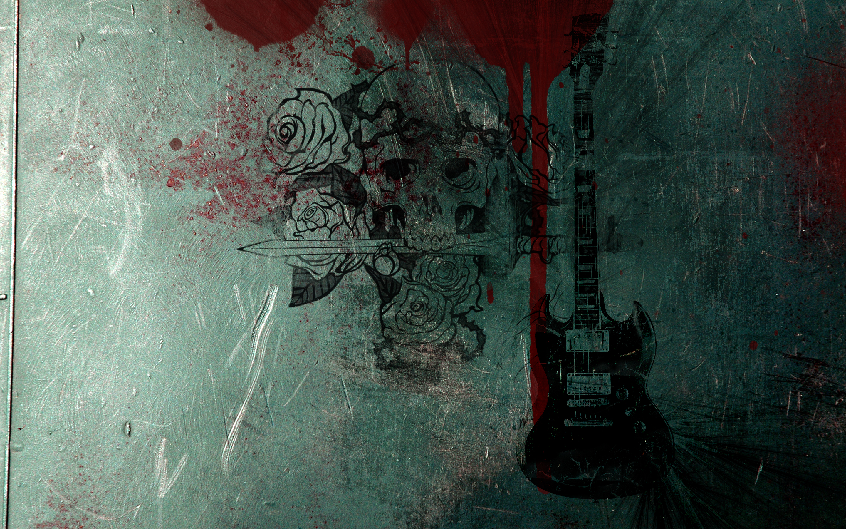Download mobile wallpaper Guitar, Skull, Rose, Music, Blood, Sword for free.