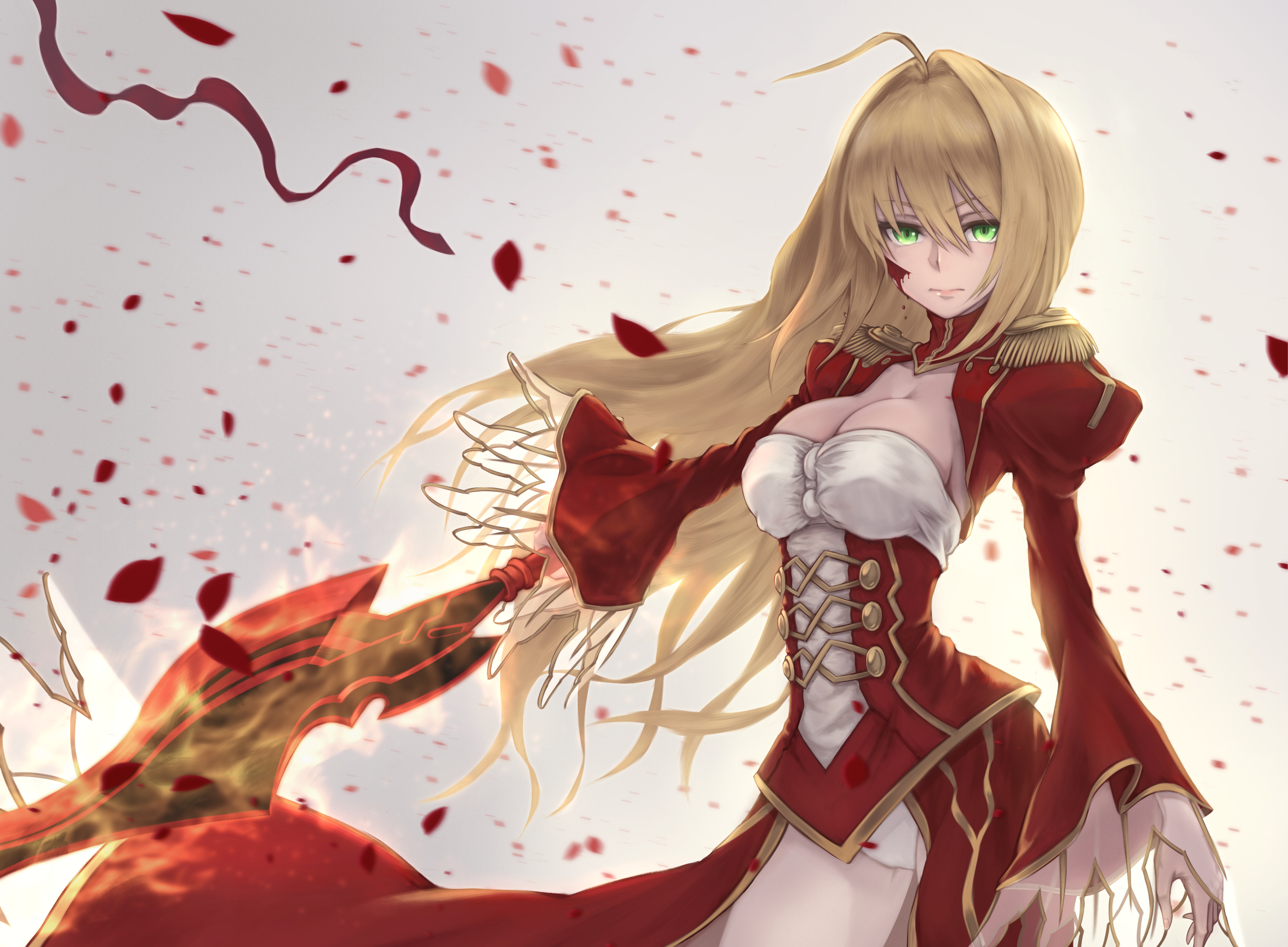 anime, fate/extra, blonde, green eyes, long hair, nero claudius, petal, saber (fate series), sword, weapon, fate series