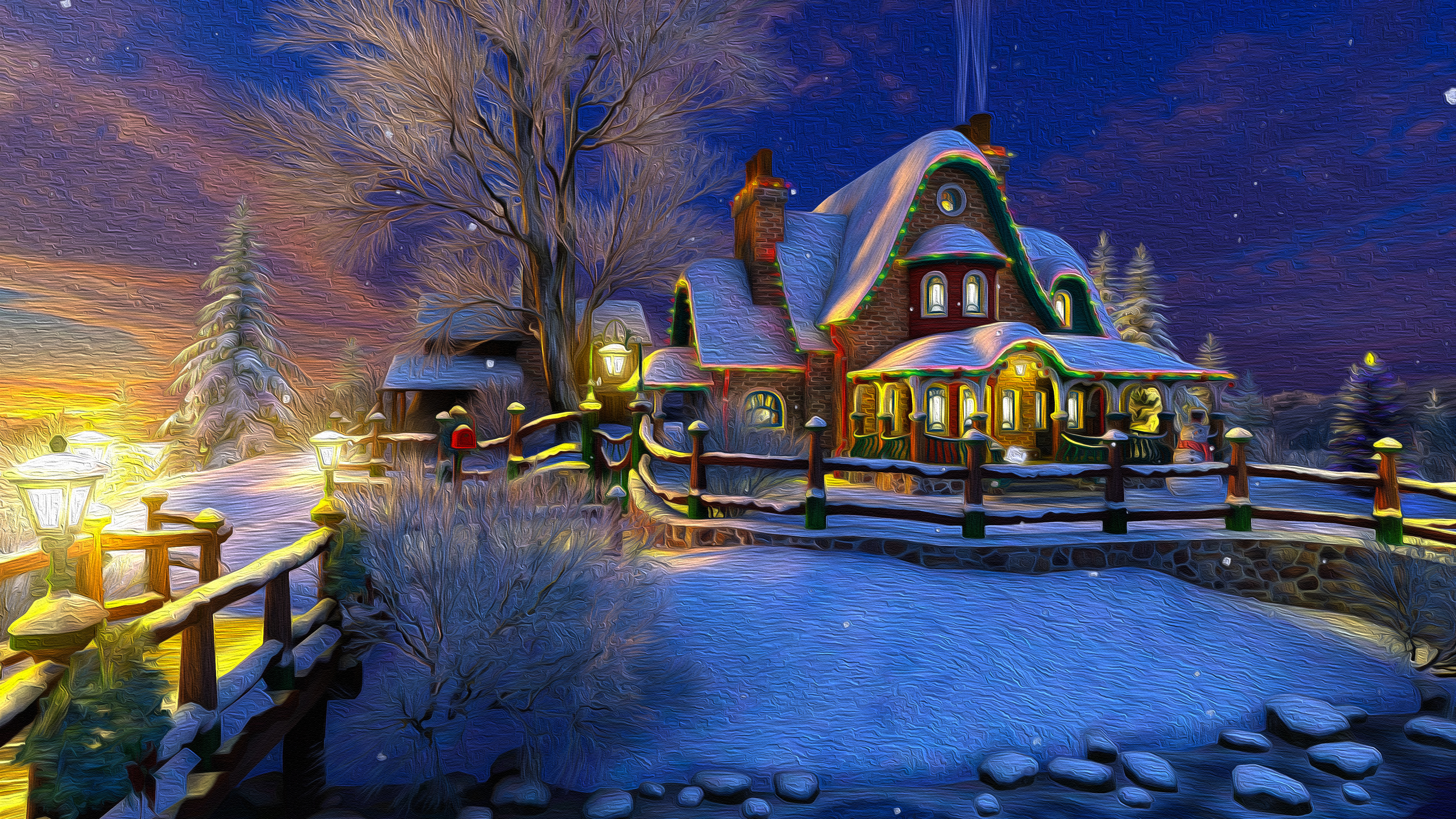 Download mobile wallpaper Light, Christmas, Holiday, House, Artistic, Oil Painting for free.