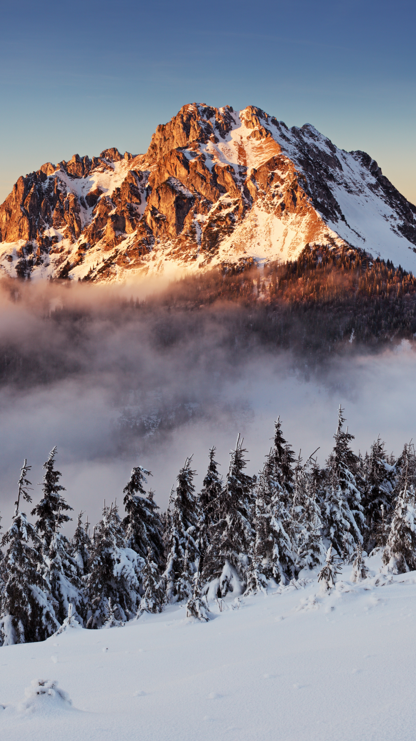 Descarga gratuita de fondo de pantalla para móvil de Invierno, Naturaleza, Montañas, Nieve, Montaña, Cima, Niebla, Tierra/naturaleza.