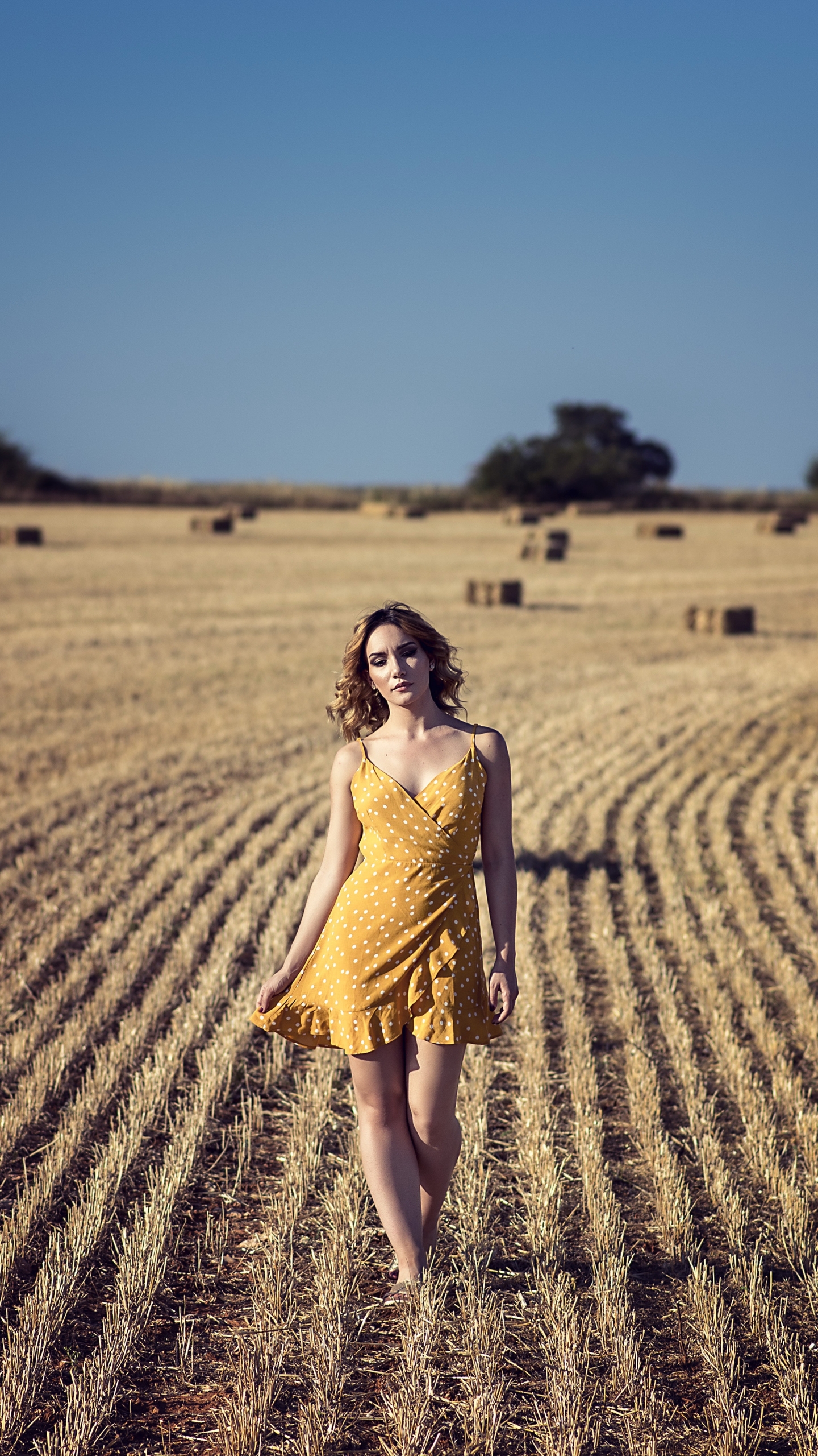 Download mobile wallpaper Summer, Field, Model, Women, Yellow Dress, Depth Of Field for free.