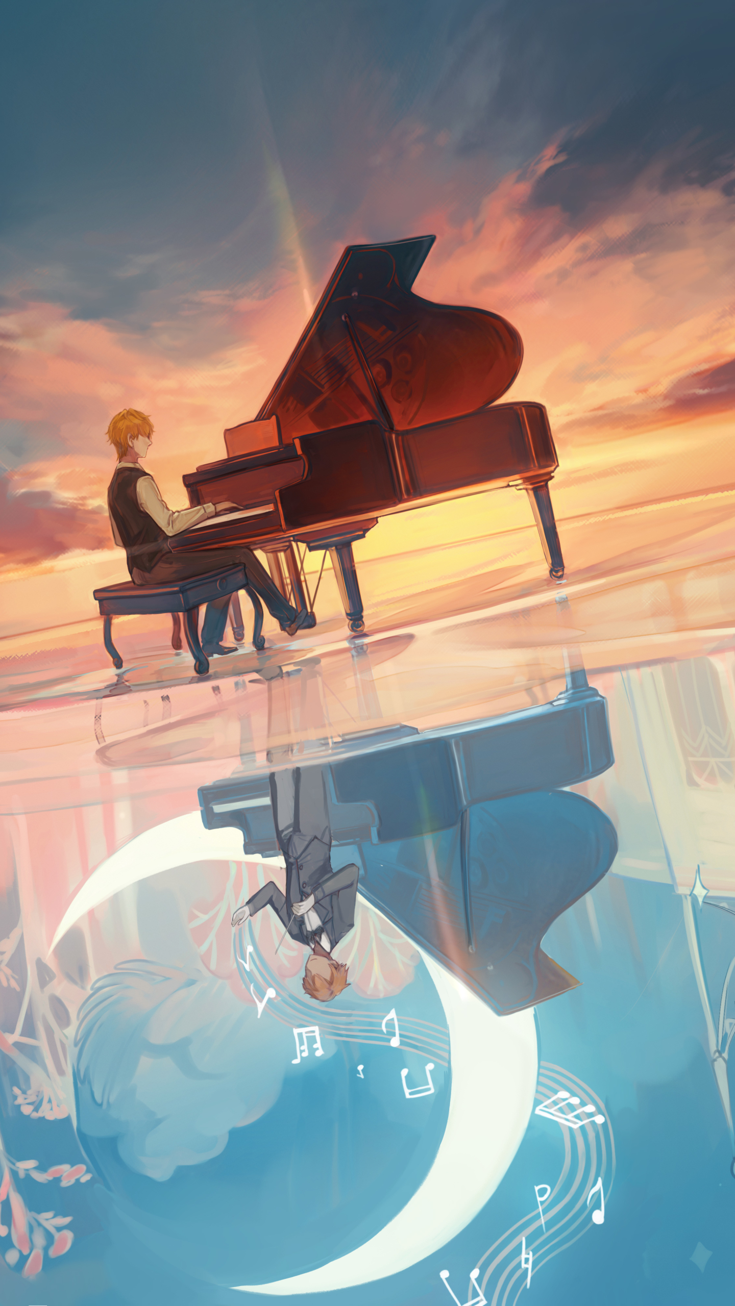 Download mobile wallpaper Music, Anime, Sunset, Moon, Piano, Blonde, Short Hair for free.