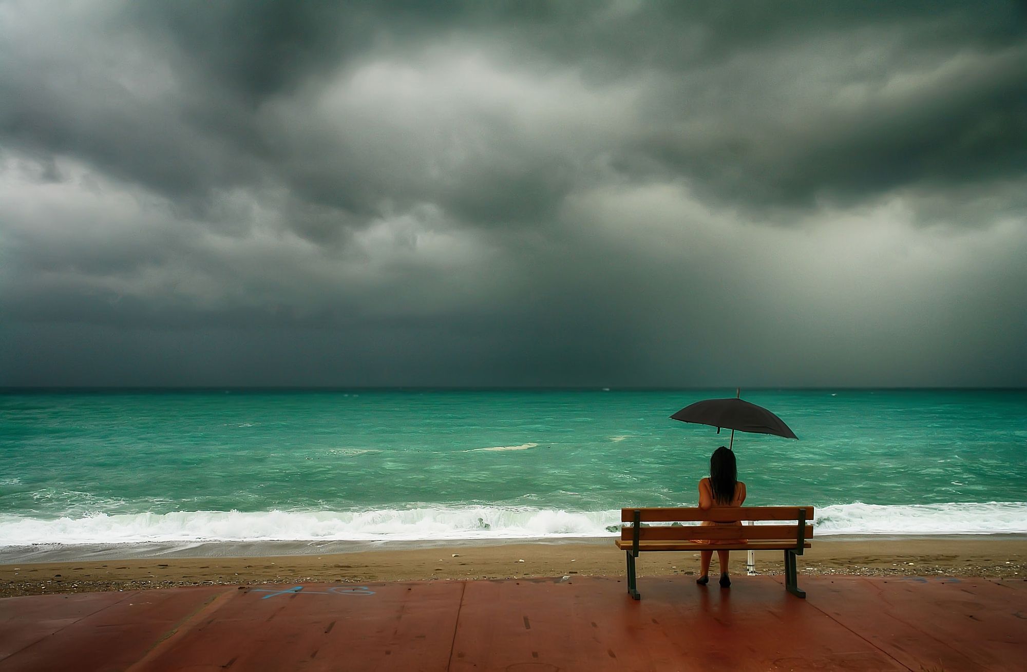 Download mobile wallpaper Horizon, Ocean, Bench, Alone, Umbrella, Mood, Women for free.