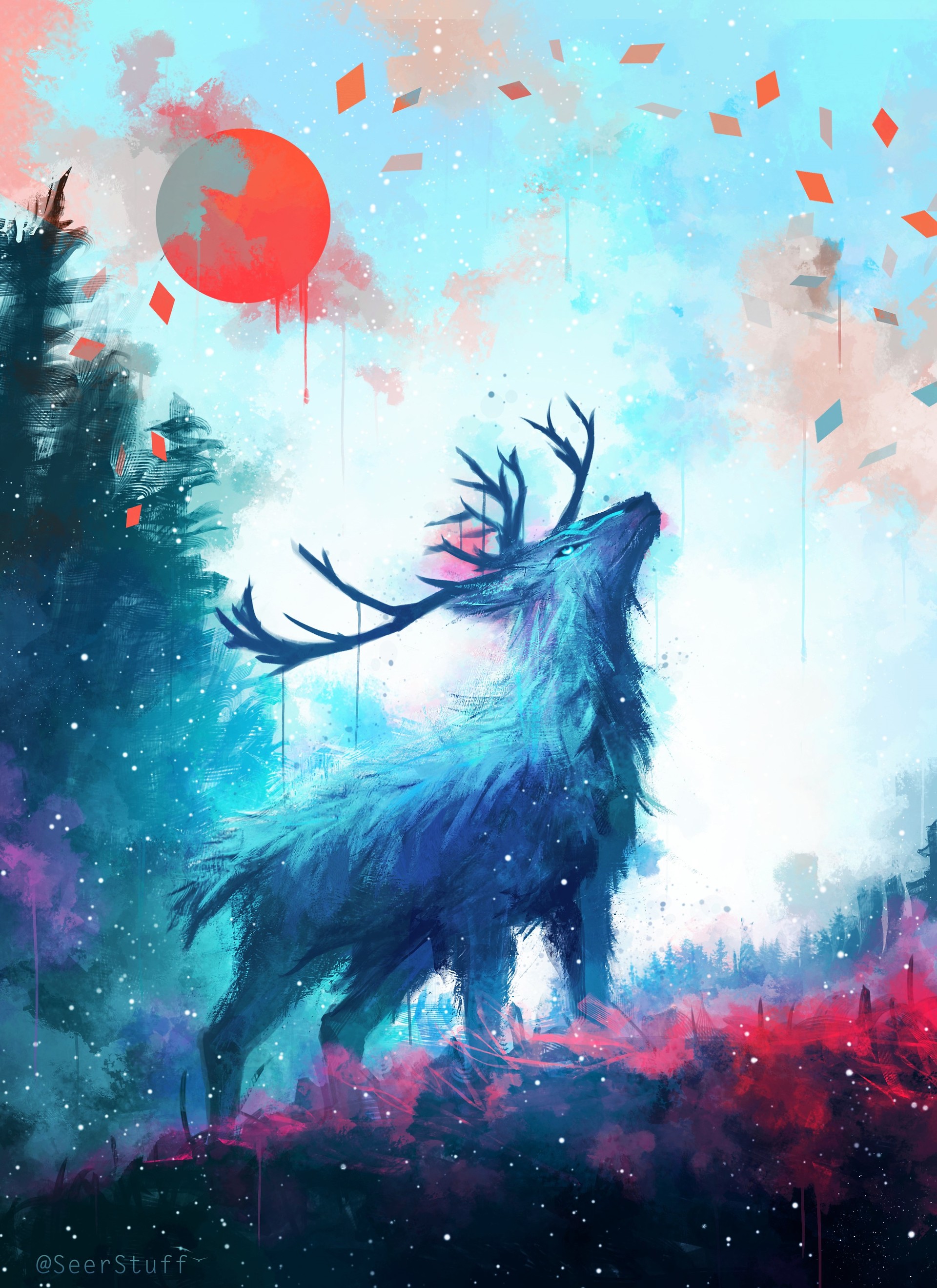 deer, flow, art, horns, sun, paint, drips Full HD