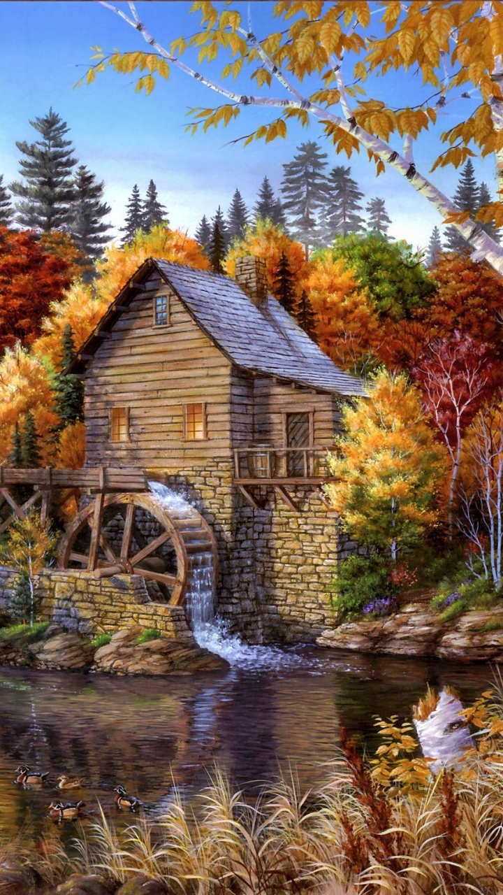 Download mobile wallpaper Landscape, Fall, Artistic, Watermill for free.