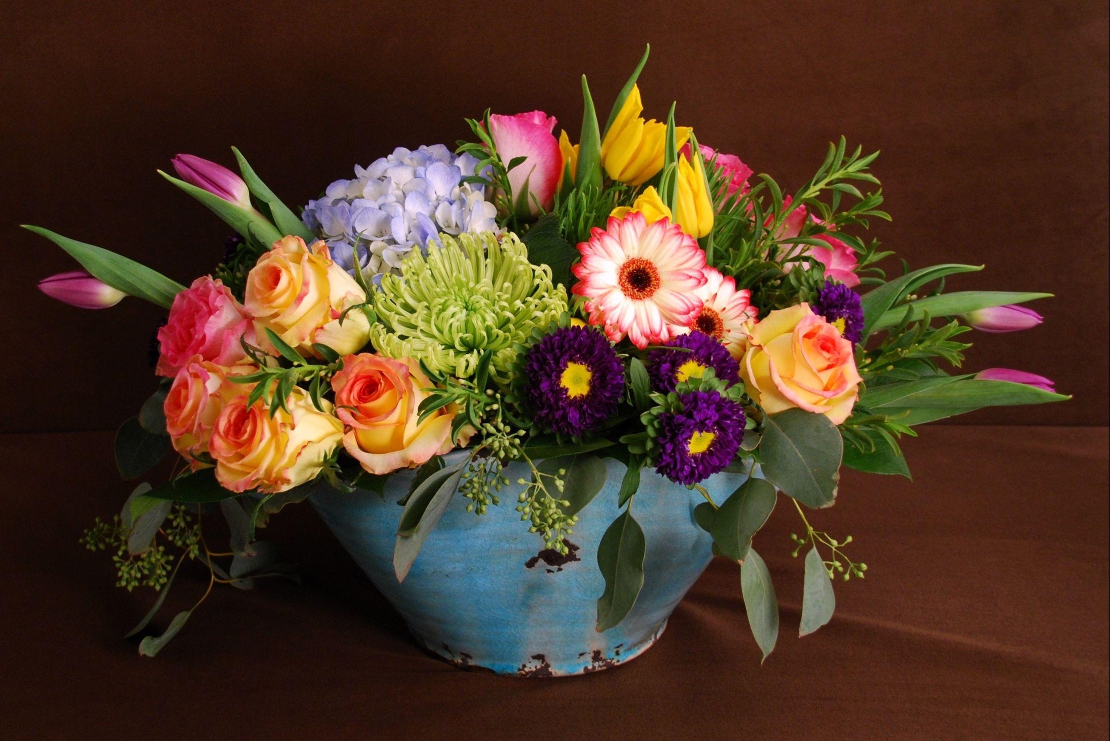 different, flowers, roses, tulips, bouquet, lot, hydrangea, pot