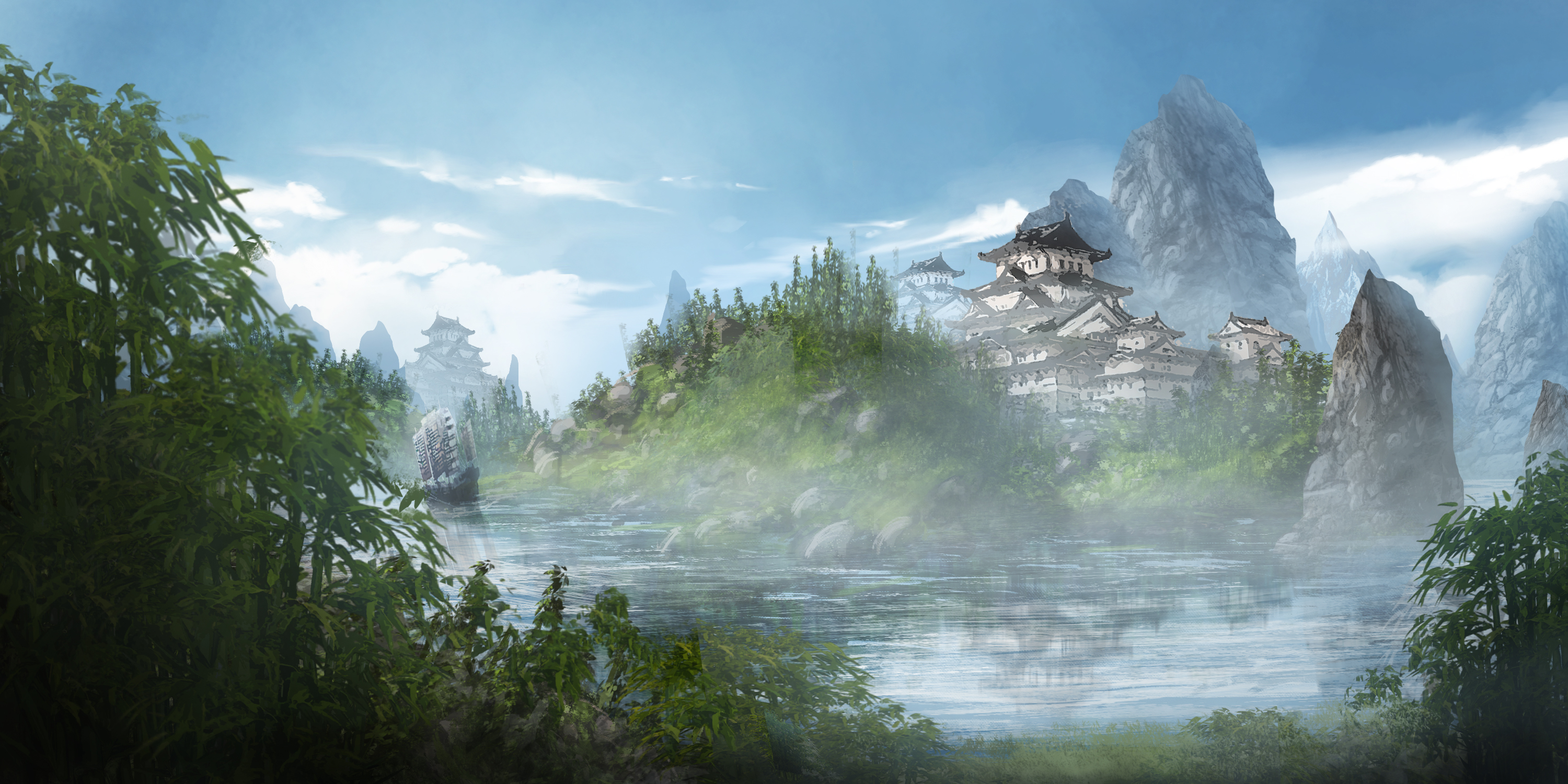 Download mobile wallpaper Landscape, Fantasy, Castles, Boat, River, Oriental, Castle for free.