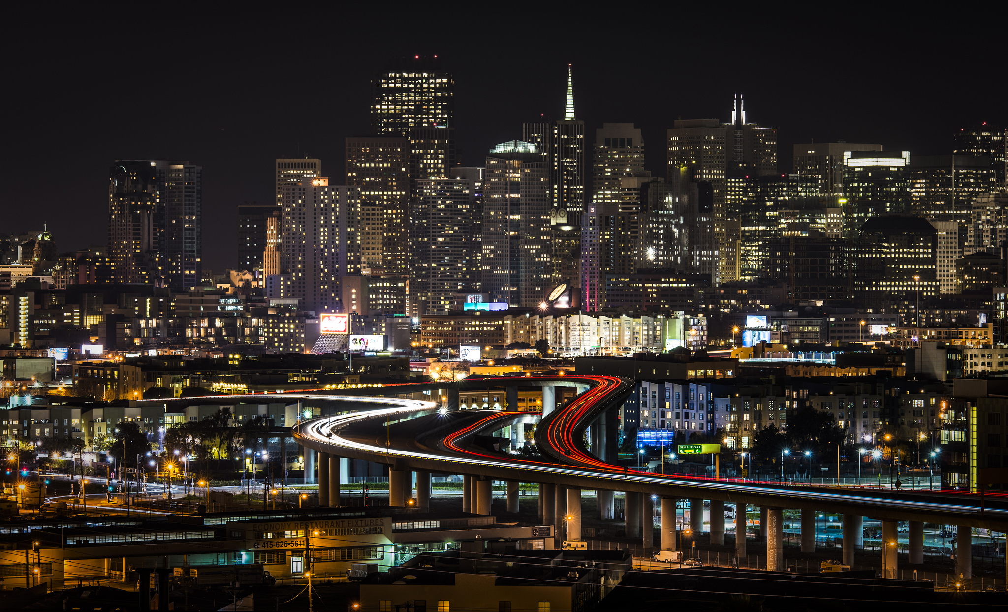Free download wallpaper Cities, Night, Usa, City, Skyscraper, Building, Light, San Francisco, Highway, Man Made, Time Lapse on your PC desktop