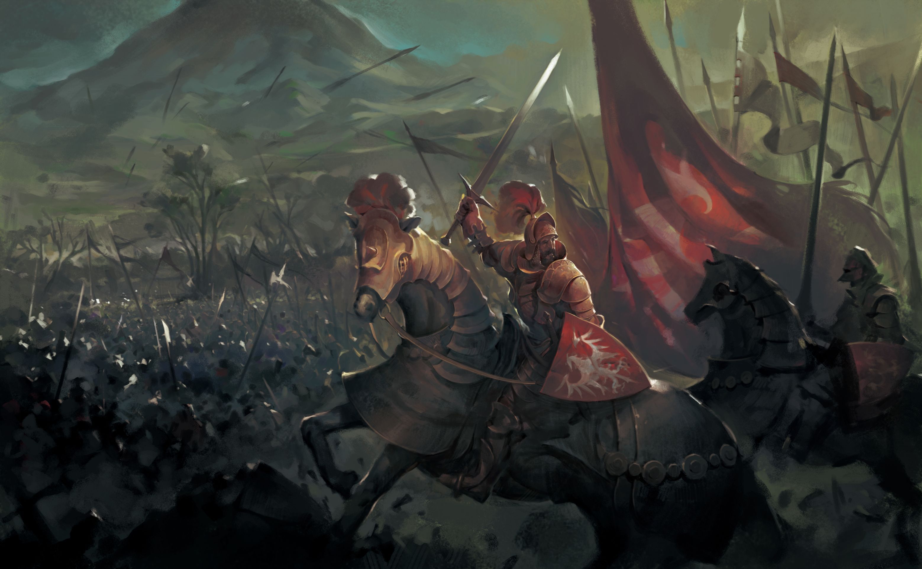Download mobile wallpaper Fantasy, Horse, Knight, Battle, Armor, Sword, Banner for free.